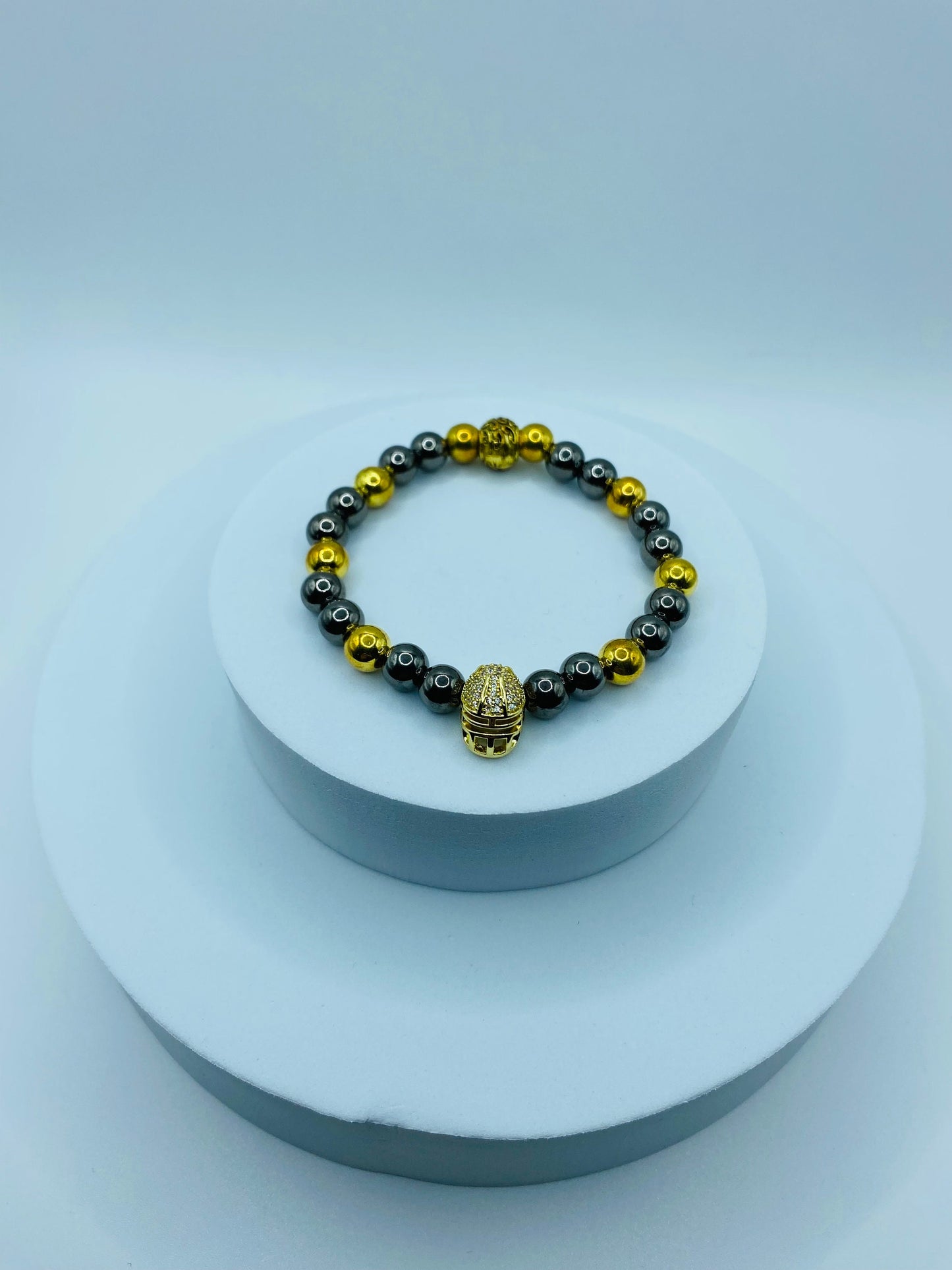 Pittsburgh Steelers Bracelet: 18k Gold Plated Hematite, CZ Football Helmet