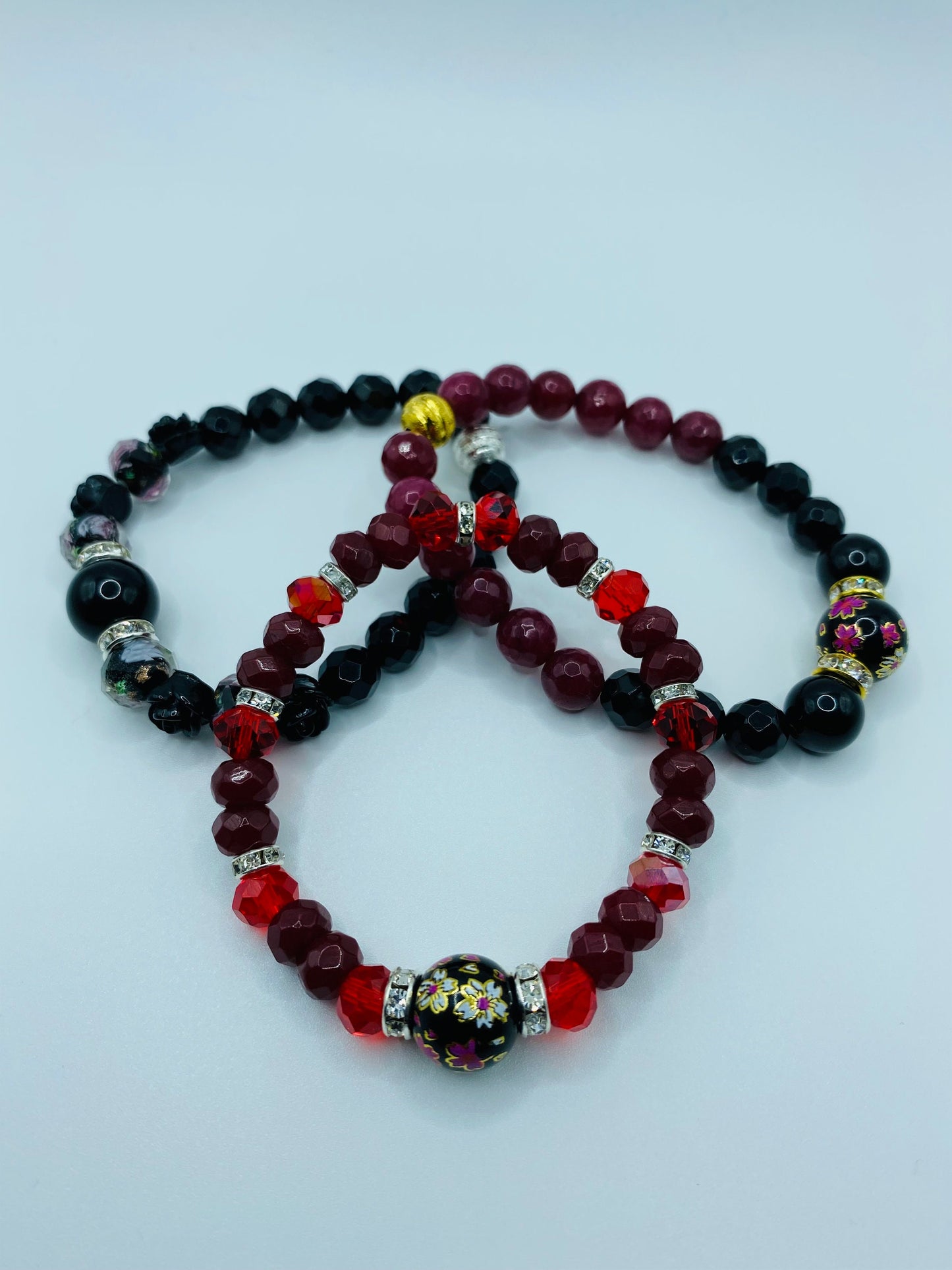 Red Jade & Crystal Beaded Bracelet with Floral Painted Glass Bead