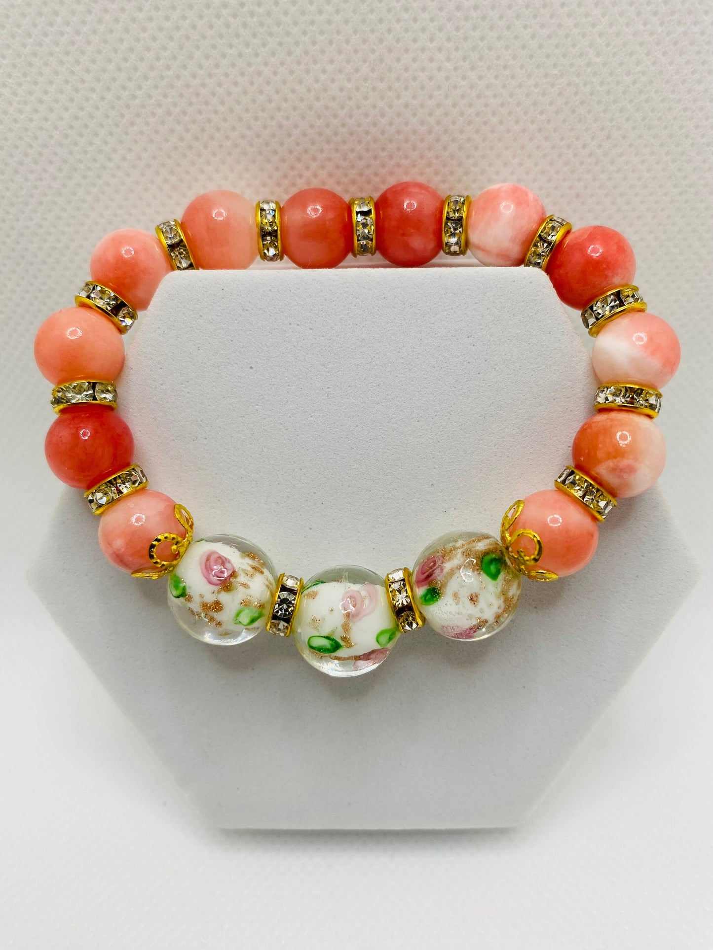 Jade Bracelet: Pink Lampwork Glass Beads, 18k Gold Rondelles