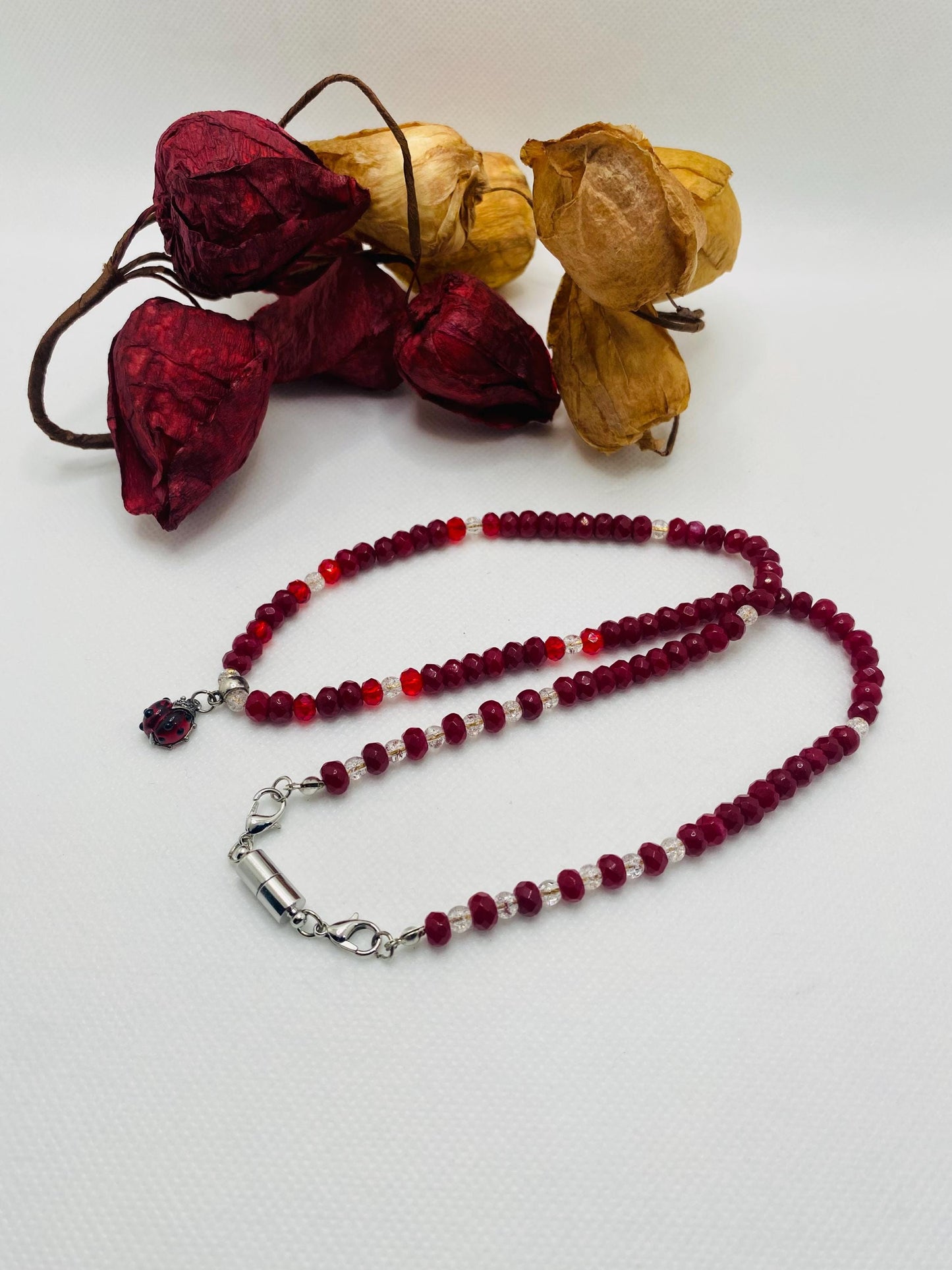 Handmade Red Jade Necklace: Ladybug Charm, Crystal Quartz Beads