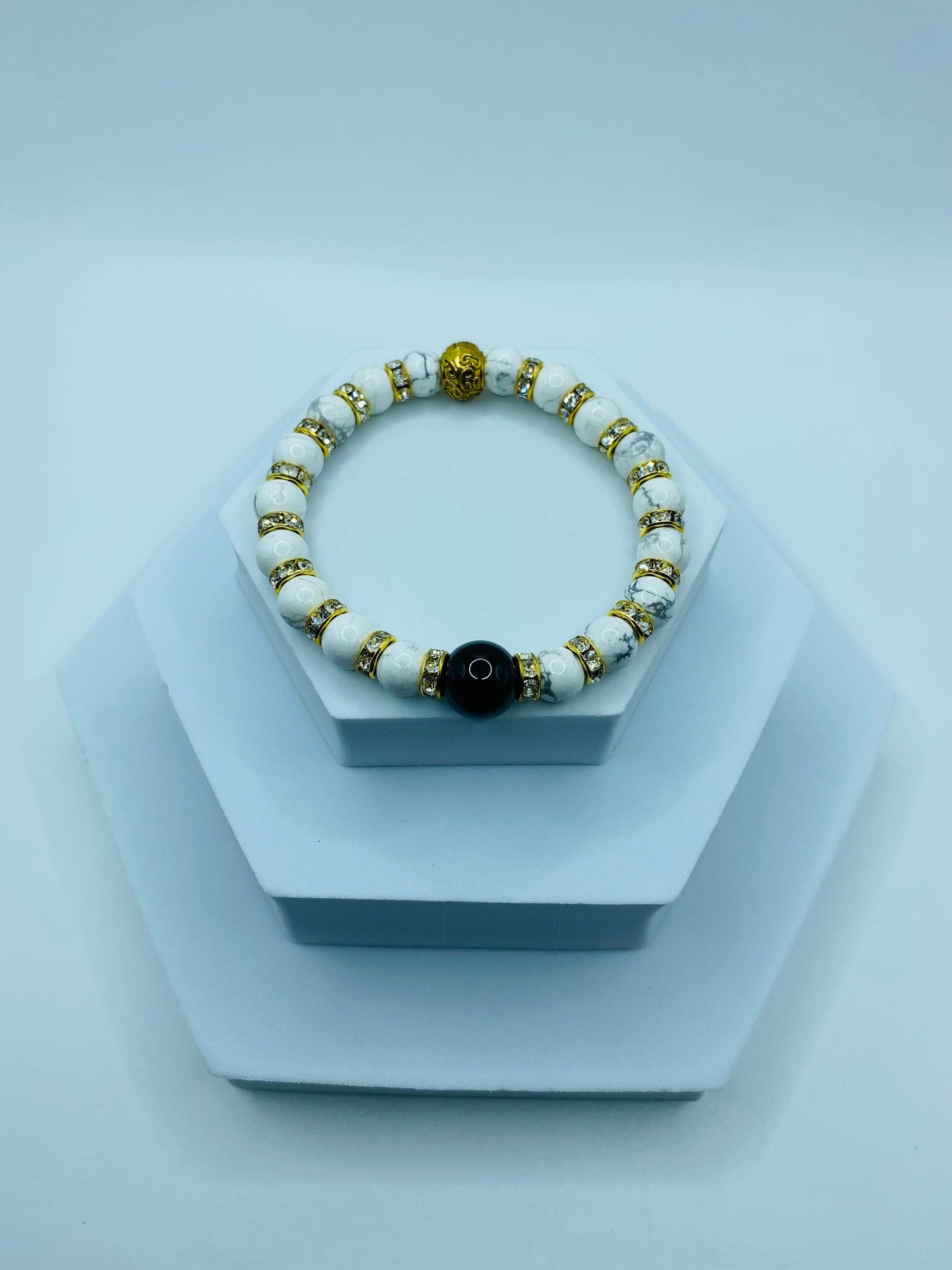 Mens Black Onyx & Howlite Gemstone Bracelet with Rhinestones