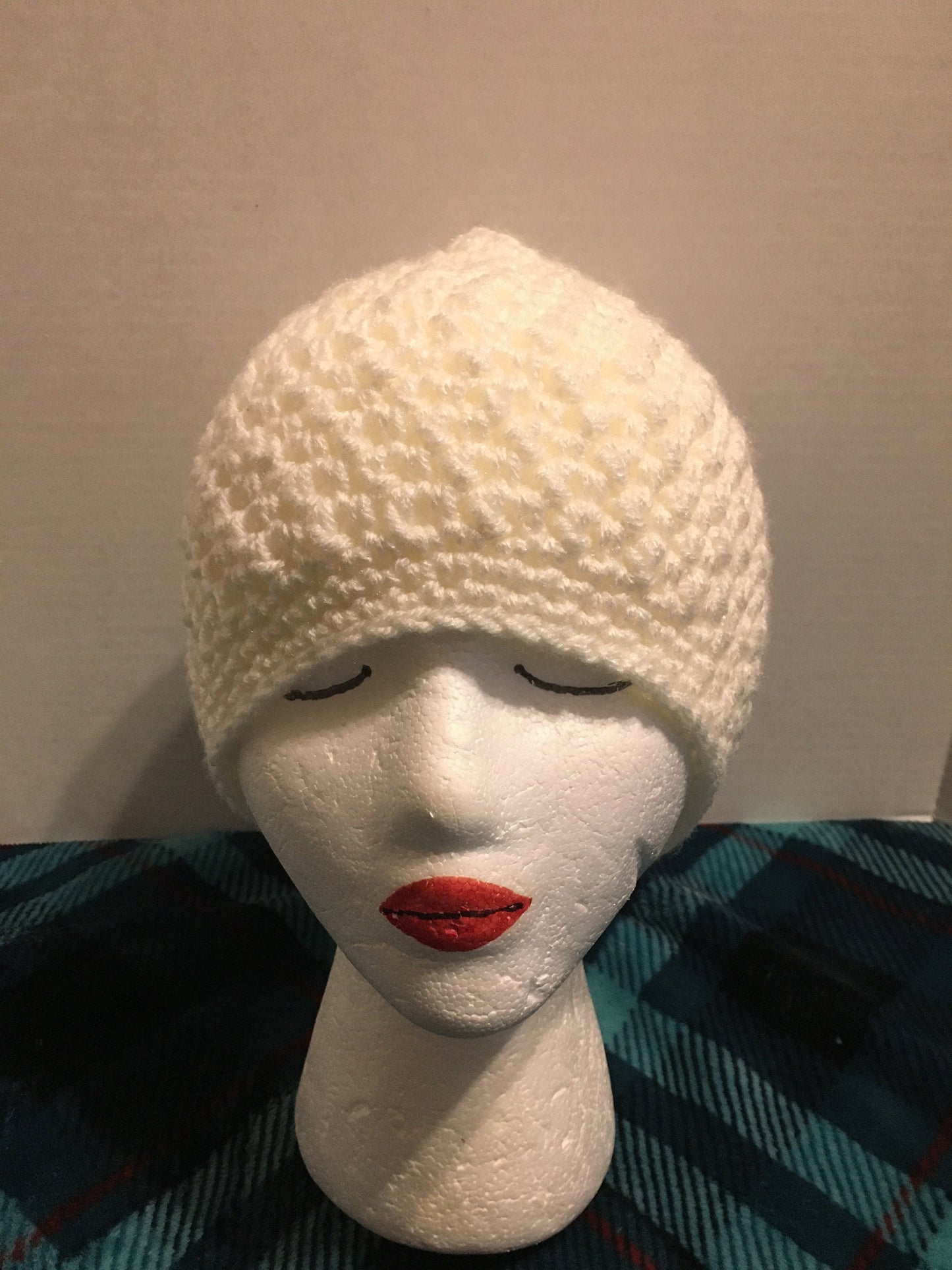 Handmade Crochet Slouchy Beanie: White Acrylic Hat with Flower