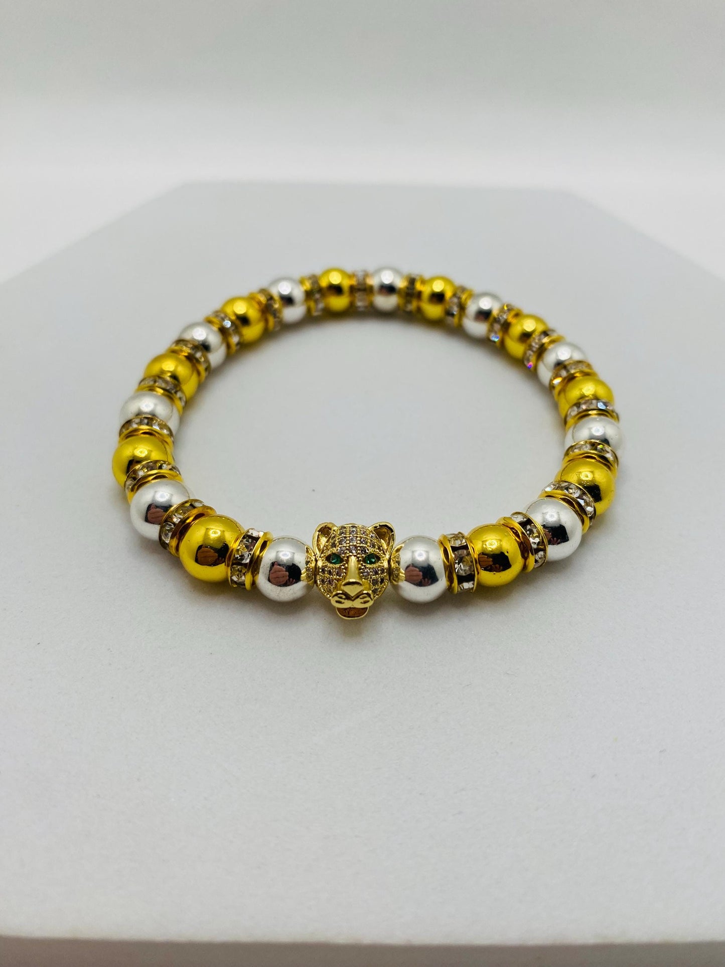 Tiger Charm Bracelet: Gold & Silver Hematite Beads, Cubic Zirconia