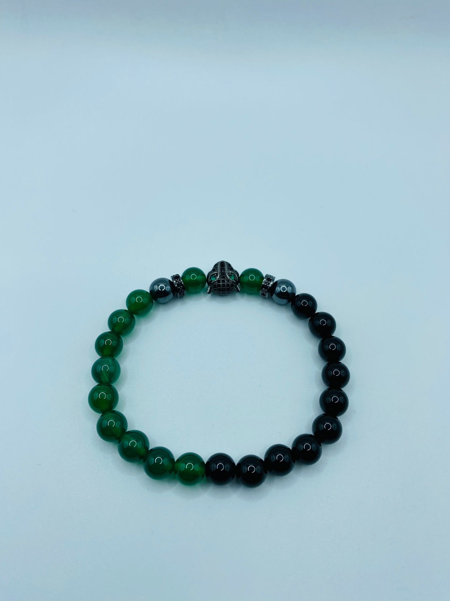 Handmade Black Panther Charm Bracelet: Onyx, Jade & Hematite Gemstone Beads