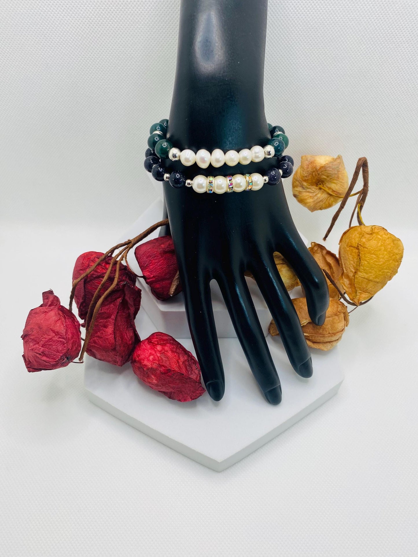 Handmade Pearl Bracelet Set: Moss Agate & Blue Sandstone Beads