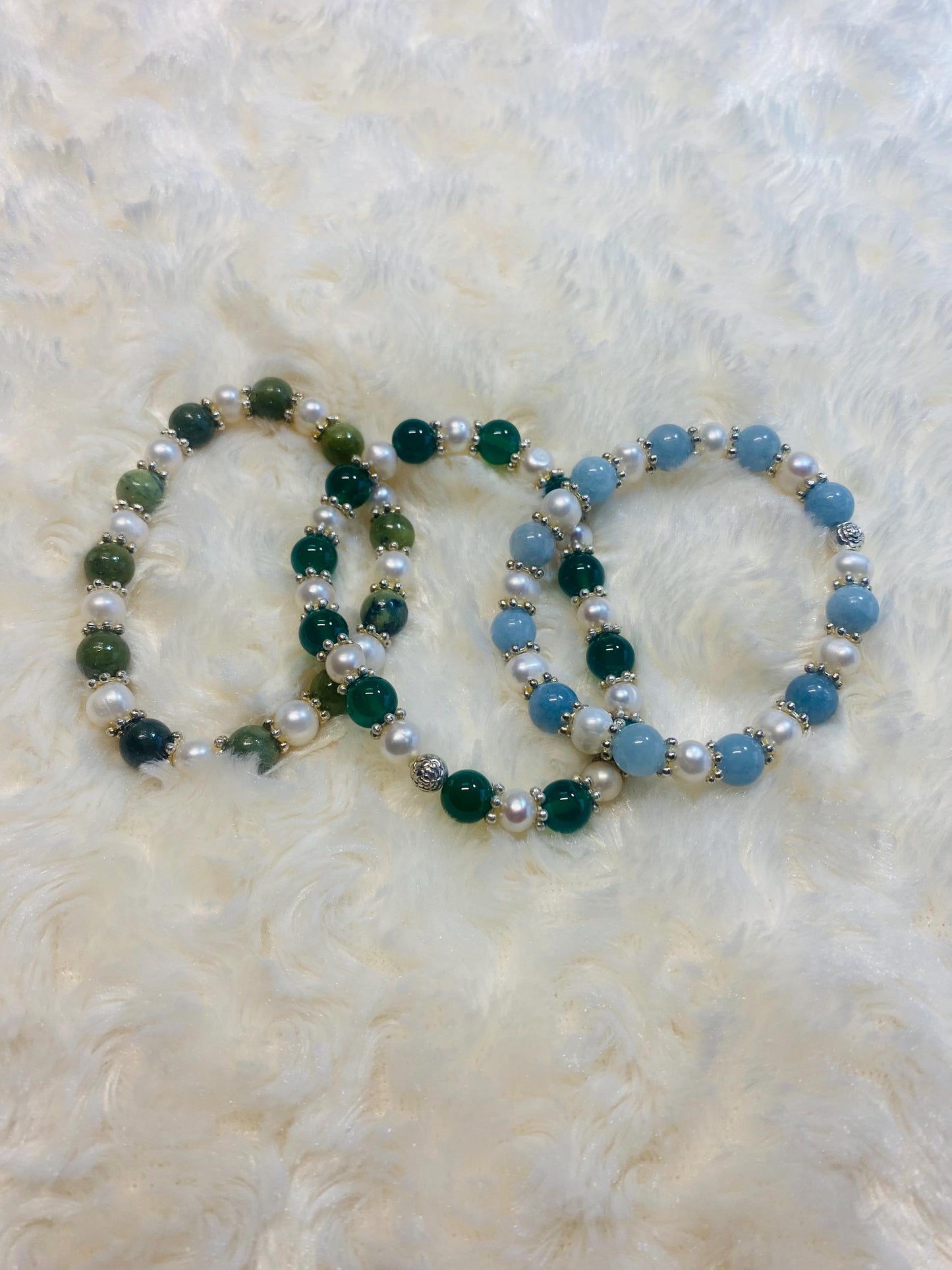Handmade Baroque Pearl Bracelet Set: Jade & Agate Gemstone Beads
