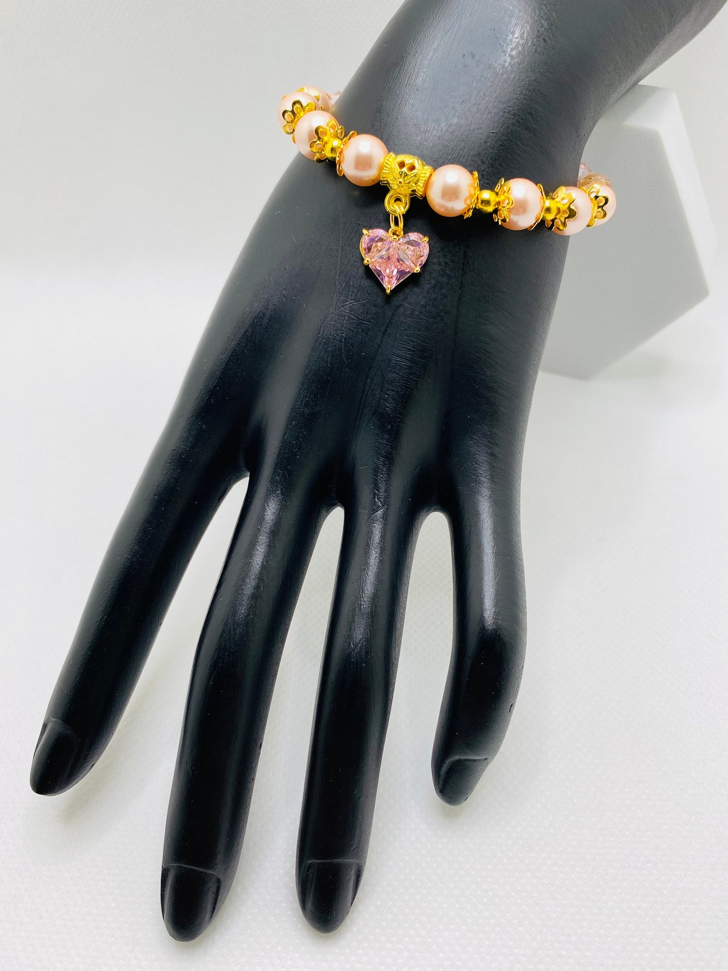 Mother of Pearl Bracelet: Pink Crystal Heart & Glass Beads, 18k Gold Accents