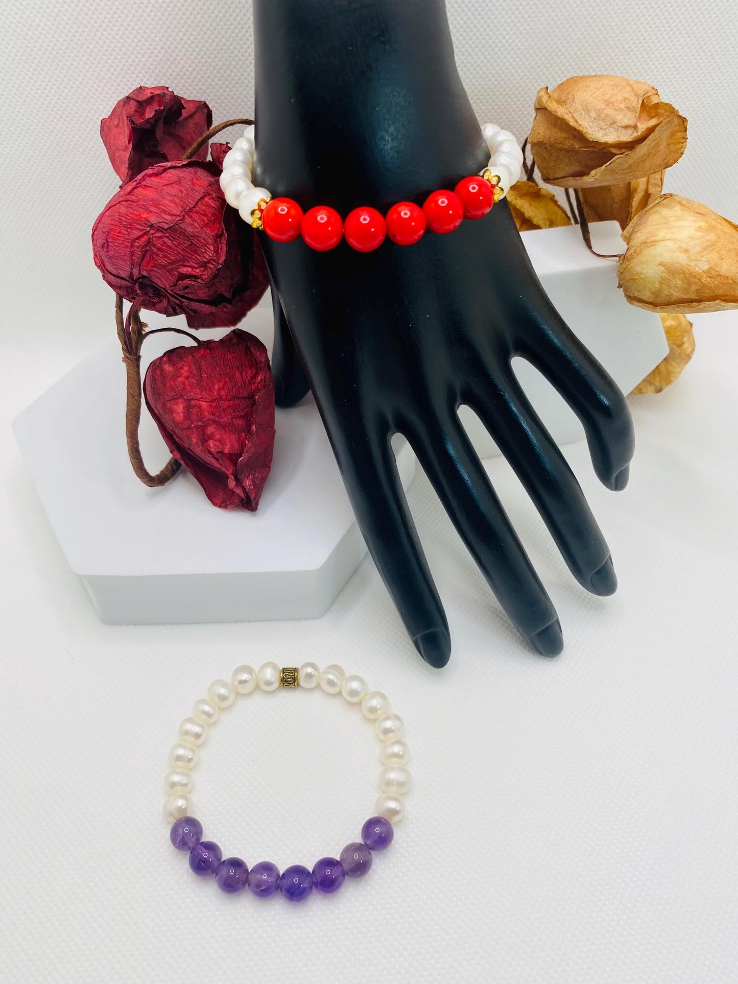 Amethyst, Coral & Pearl Bracelet Set: Handmade Gemstone Jewelry