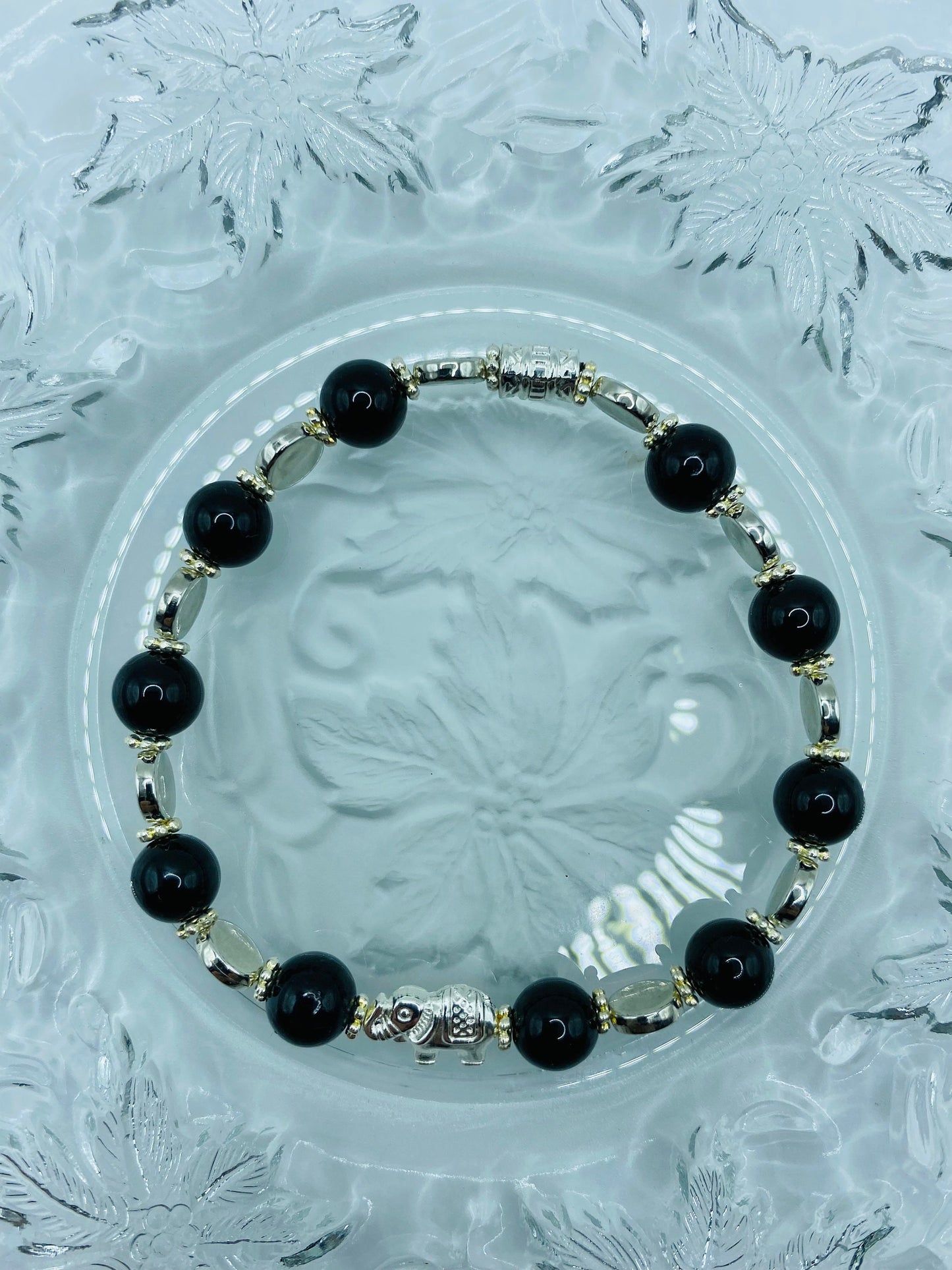 Elephant Charm Bracelet: Black Onyx Gemstone Beads, White Gold Accents