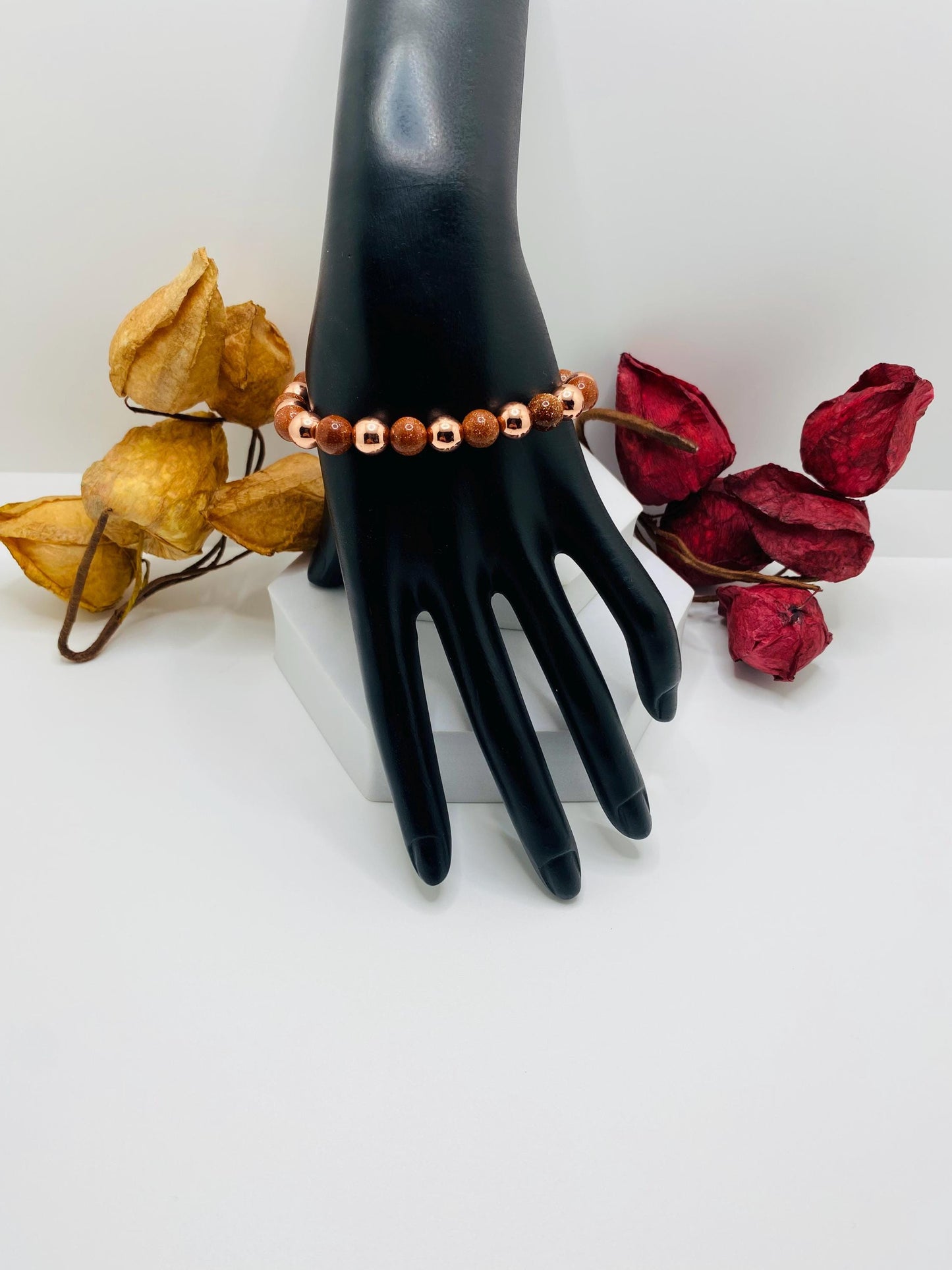 Rose Gold Hematite Bracelet: Natural Goldstone Gemstone Beads