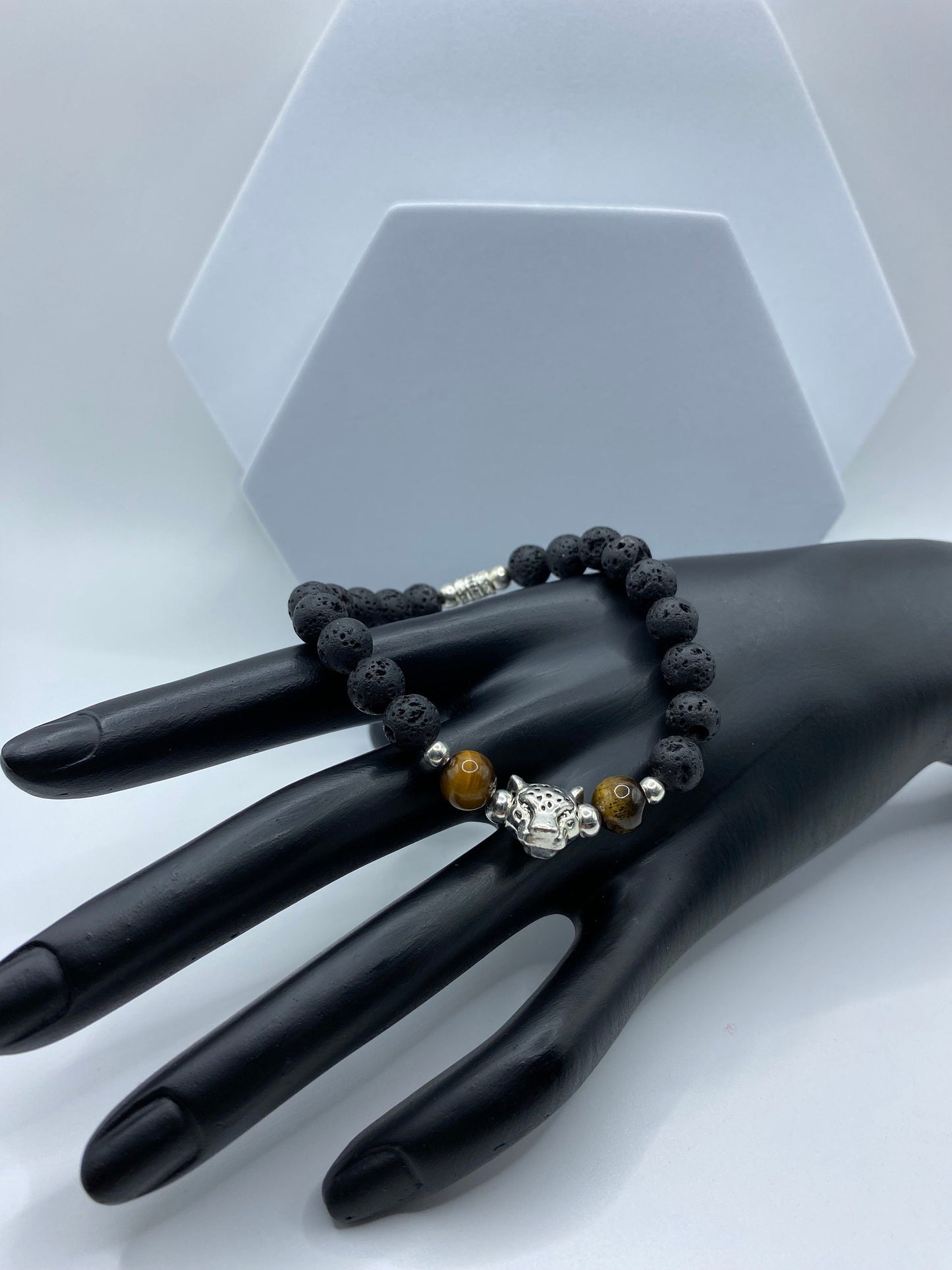 Leopard Charm Bracelet: Lava Rock & Tiger's Eye Gemstone Beads