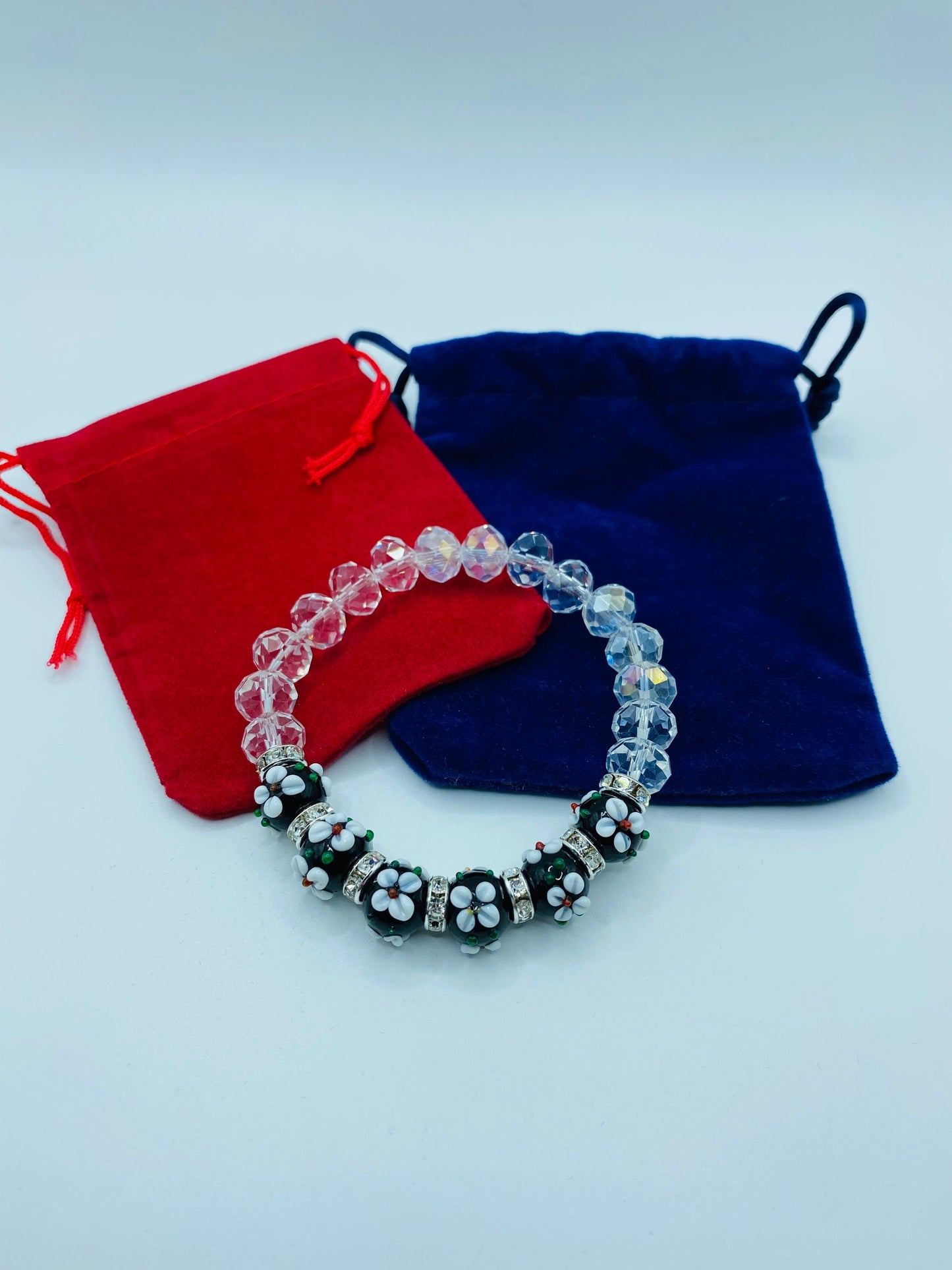 Lampwork Floral Glass Bead Bracelet: Rhinestone Crystal Flower Bracelet