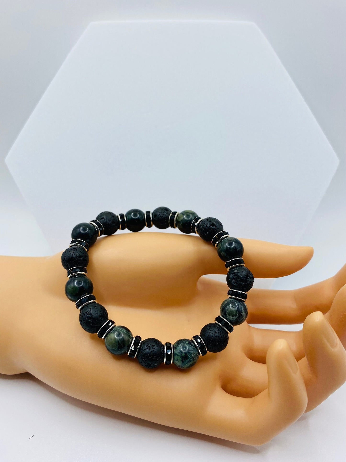 Lava Rock & Labradorite Bracelet with Rhinestone Accents