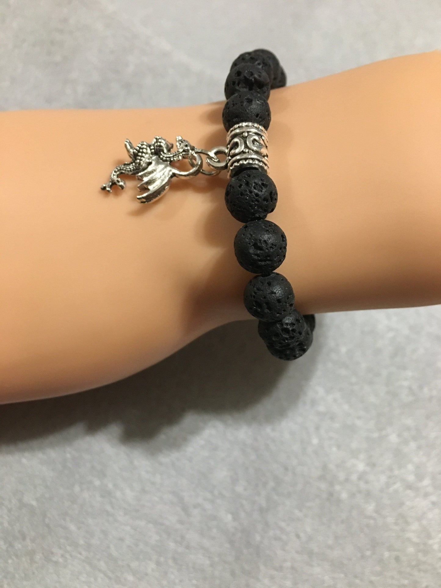 Lava Rock Dragon Bracelet: Antique Silver Charm, Gemstone Beads
