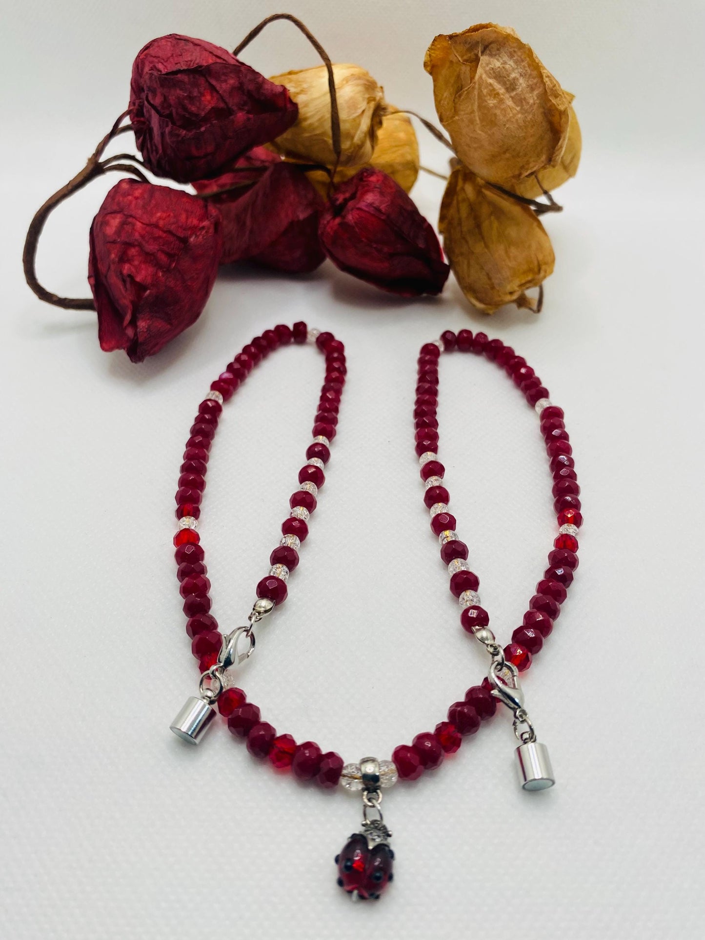 Handmade Red Jade Necklace: Ladybug Charm, Crystal Quartz Beads