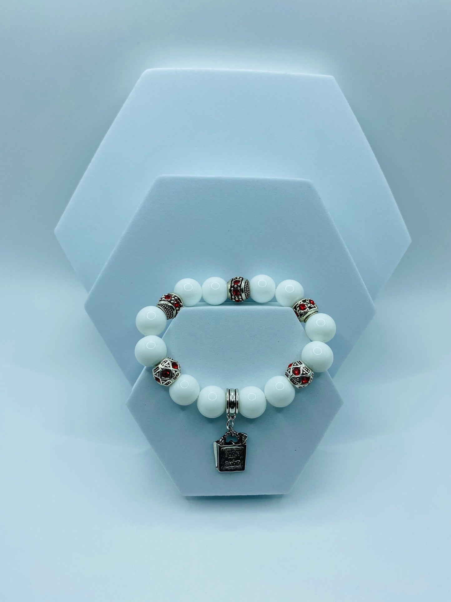 Porcelain Charm Bracelet: Red Rhinestone Handbag Pendant, Antique Silver