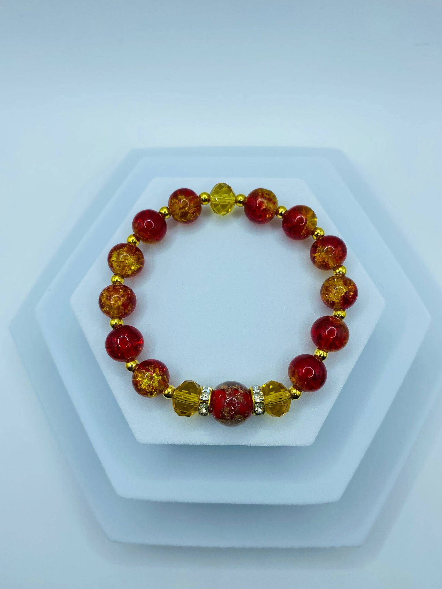 Red Lampwork Crystal Bracelet: Gold Hematite Bead Accents
