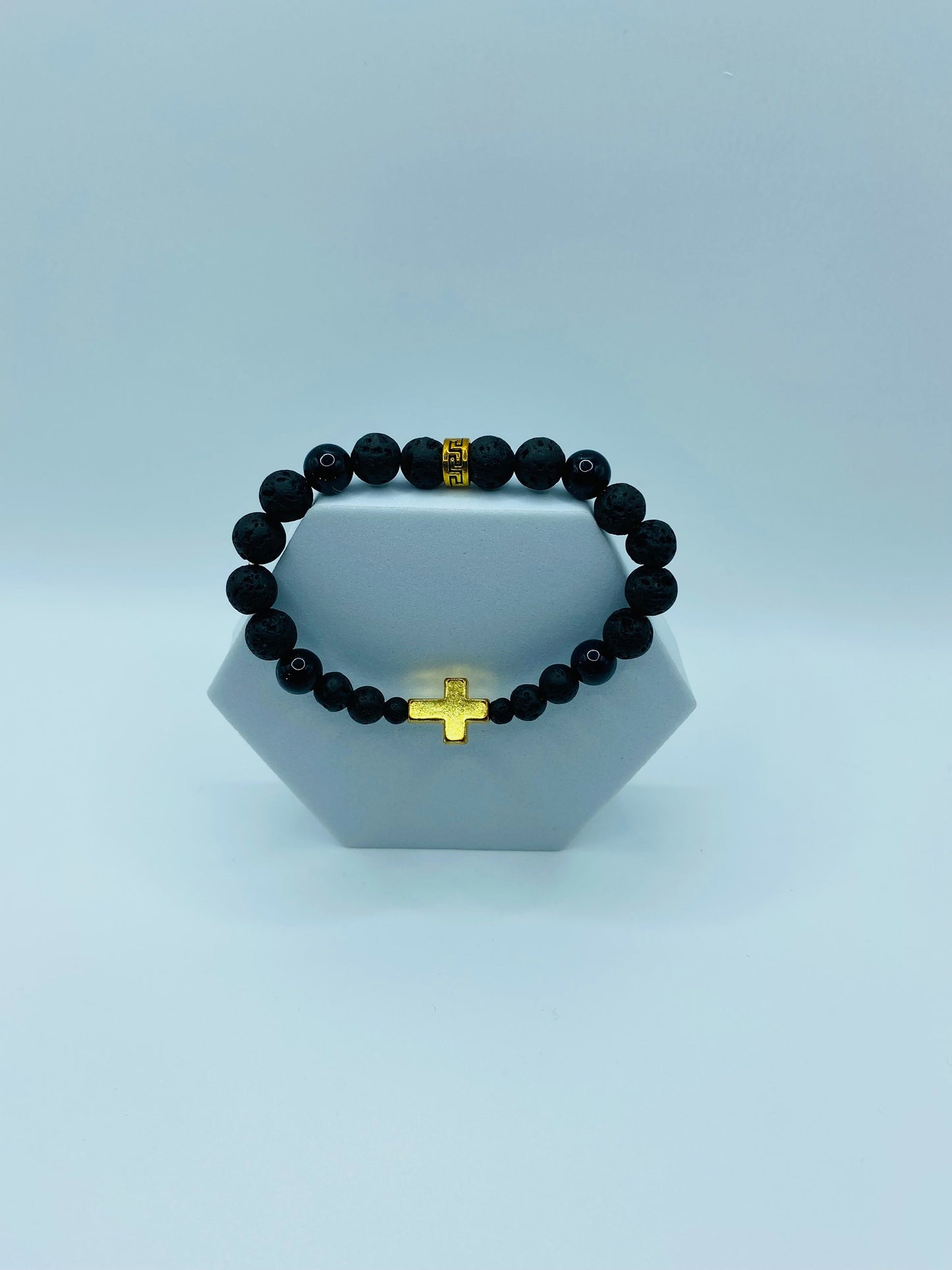Gold Cross Lava Rock Bracelet: Black Onyx Gemstone Beads
