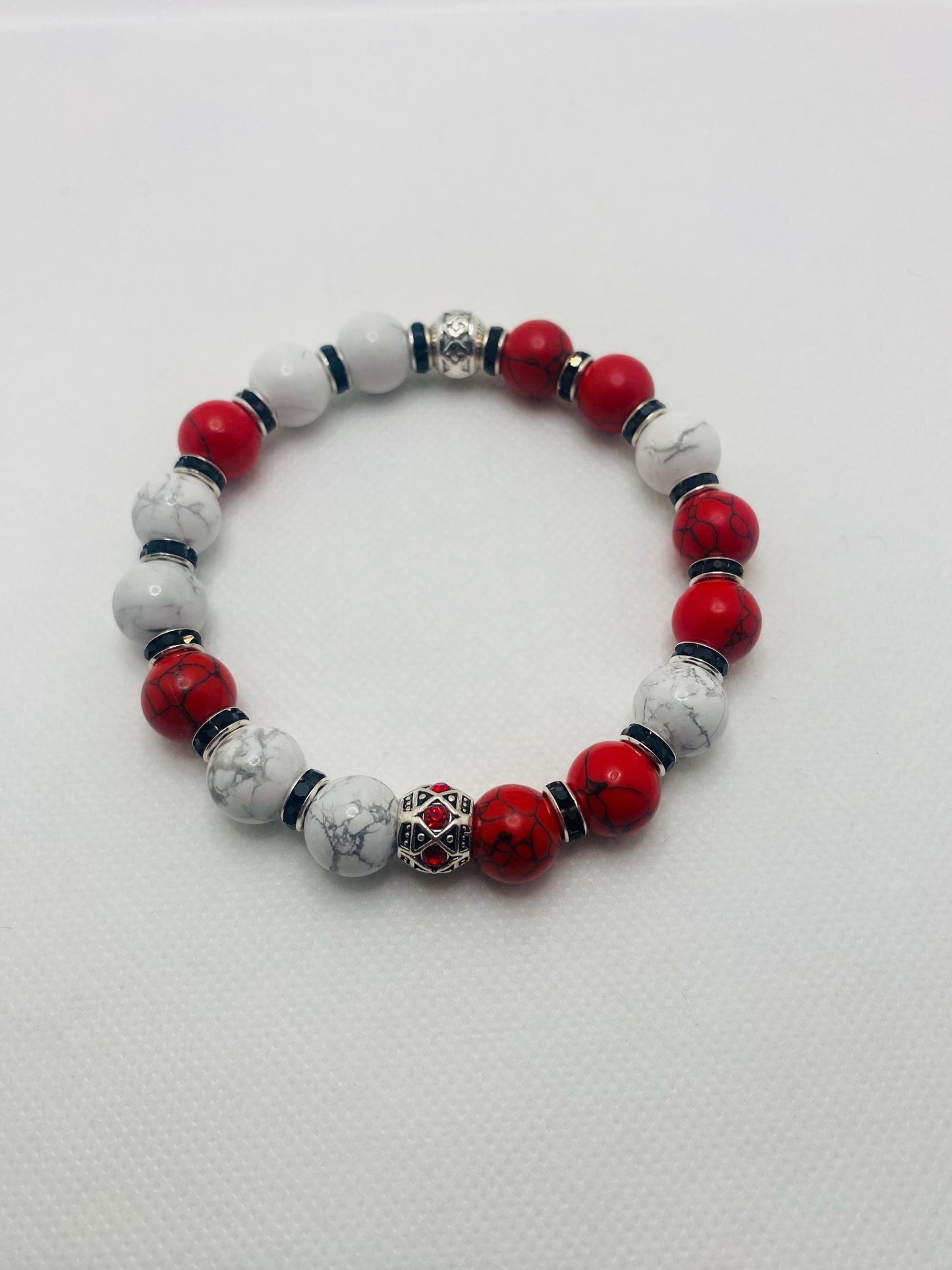 Mens Red Turquoise & Howlite Beaded Bracelet: Silver Rhinestone Charm