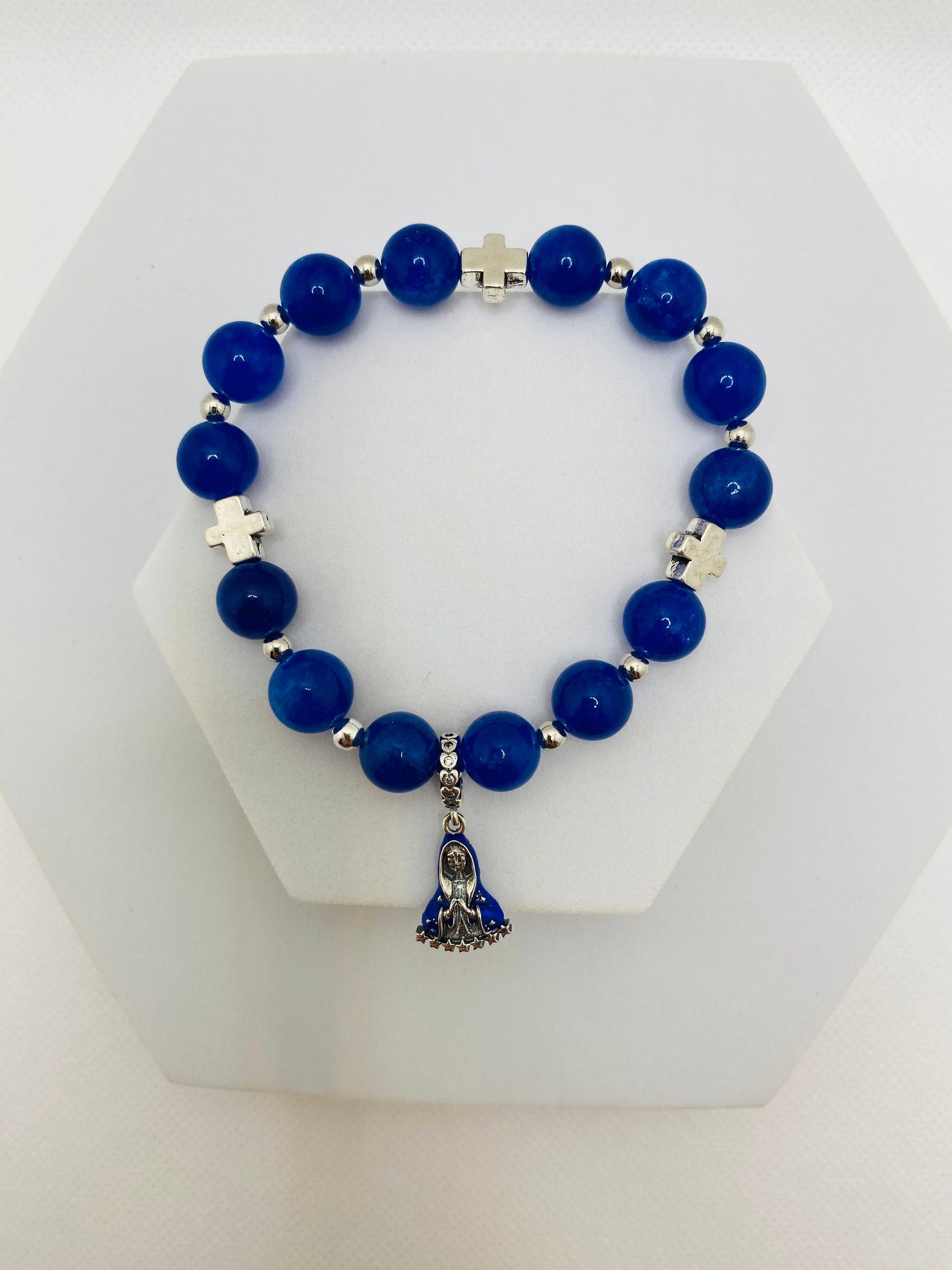 Blue Kyanite Gemstone Bracelet: Virgin Mary Charm, Cross Beads