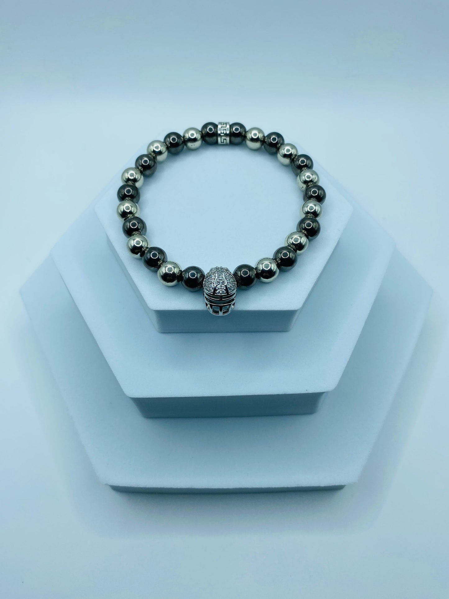 Las Vegas Raiders Bracelet: Hematite Gemstone Beads, CZ Football Helmet