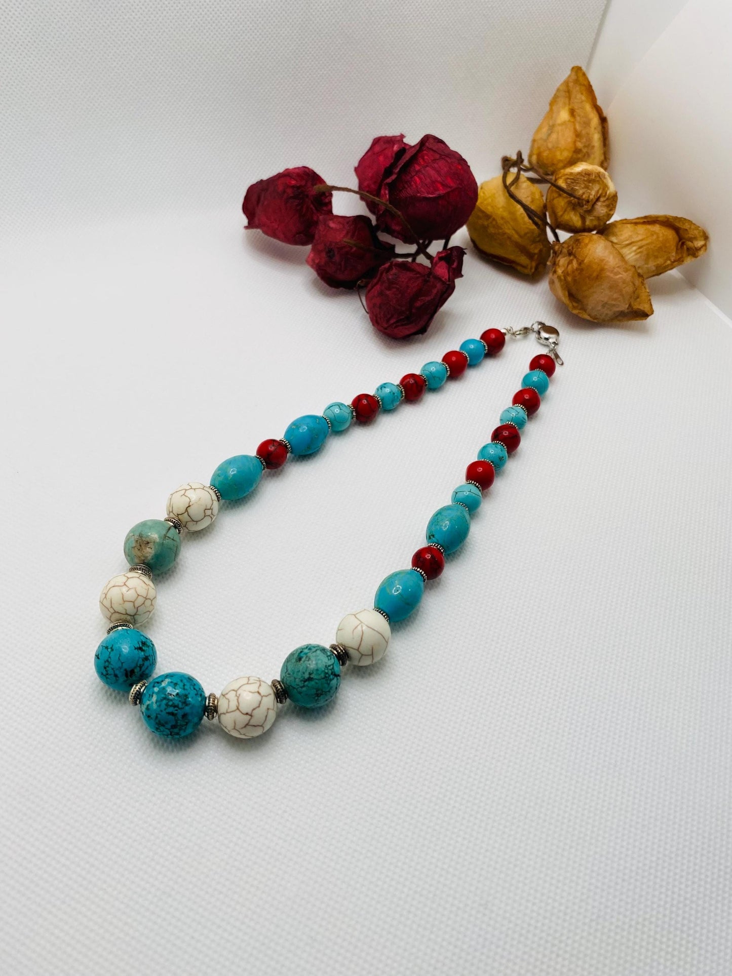 Handmade Turquoise Beaded Necklace: Boho Gemstone Jewelry