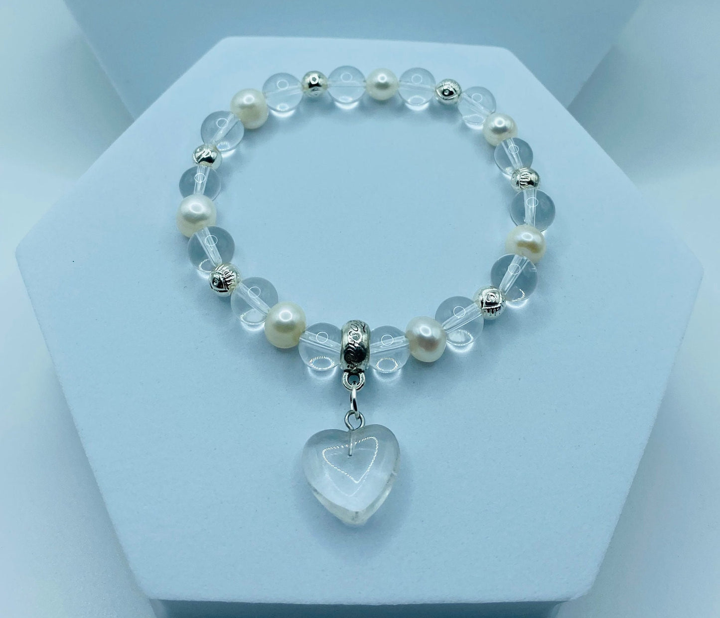 Clear Quartz Crystal Bracelet: Baroque Pearls & Heart Charm