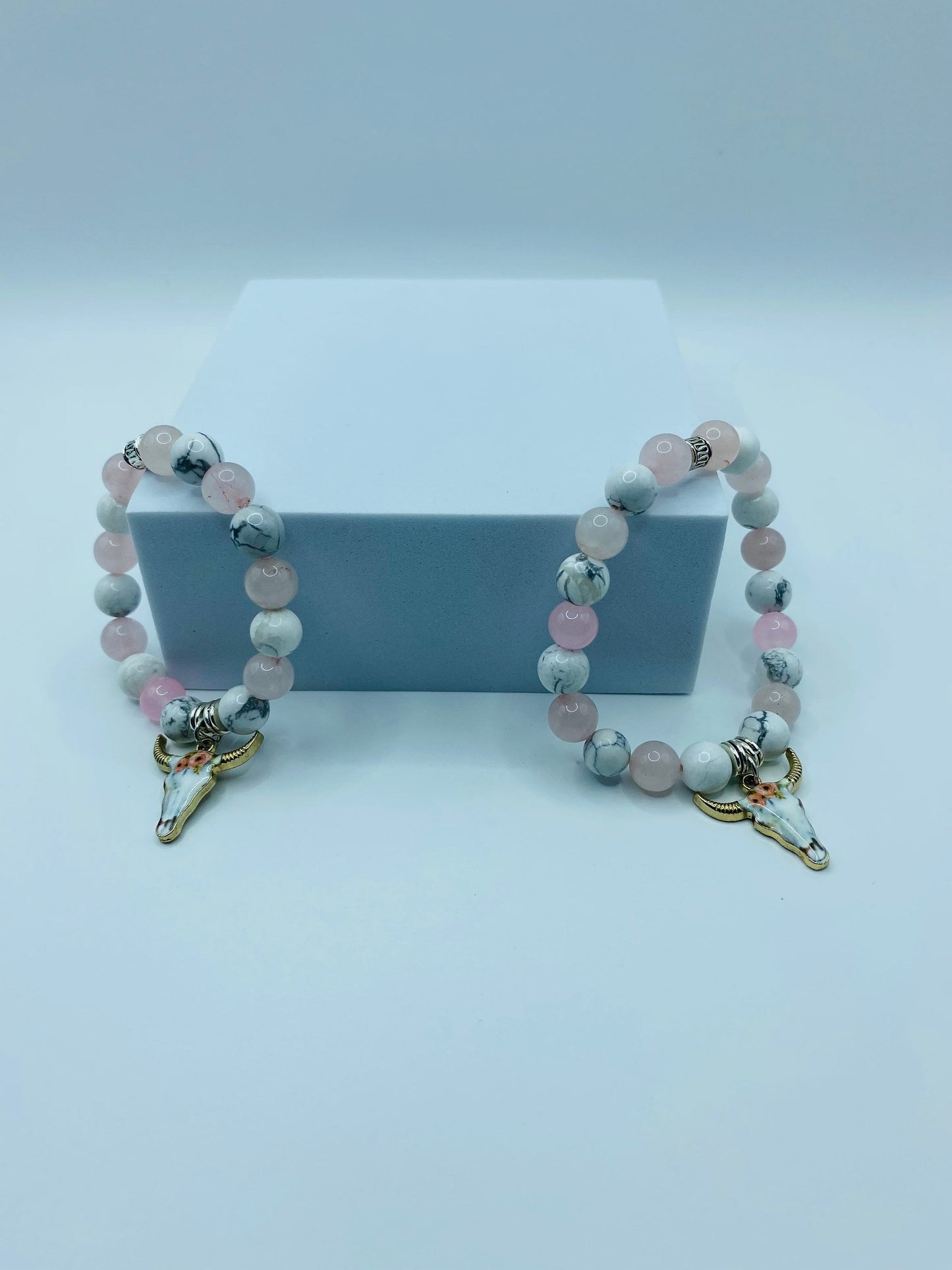 Mommy and Me Cow Charm Bracelet: Rose Quartz & Howlite Gemstone Beads