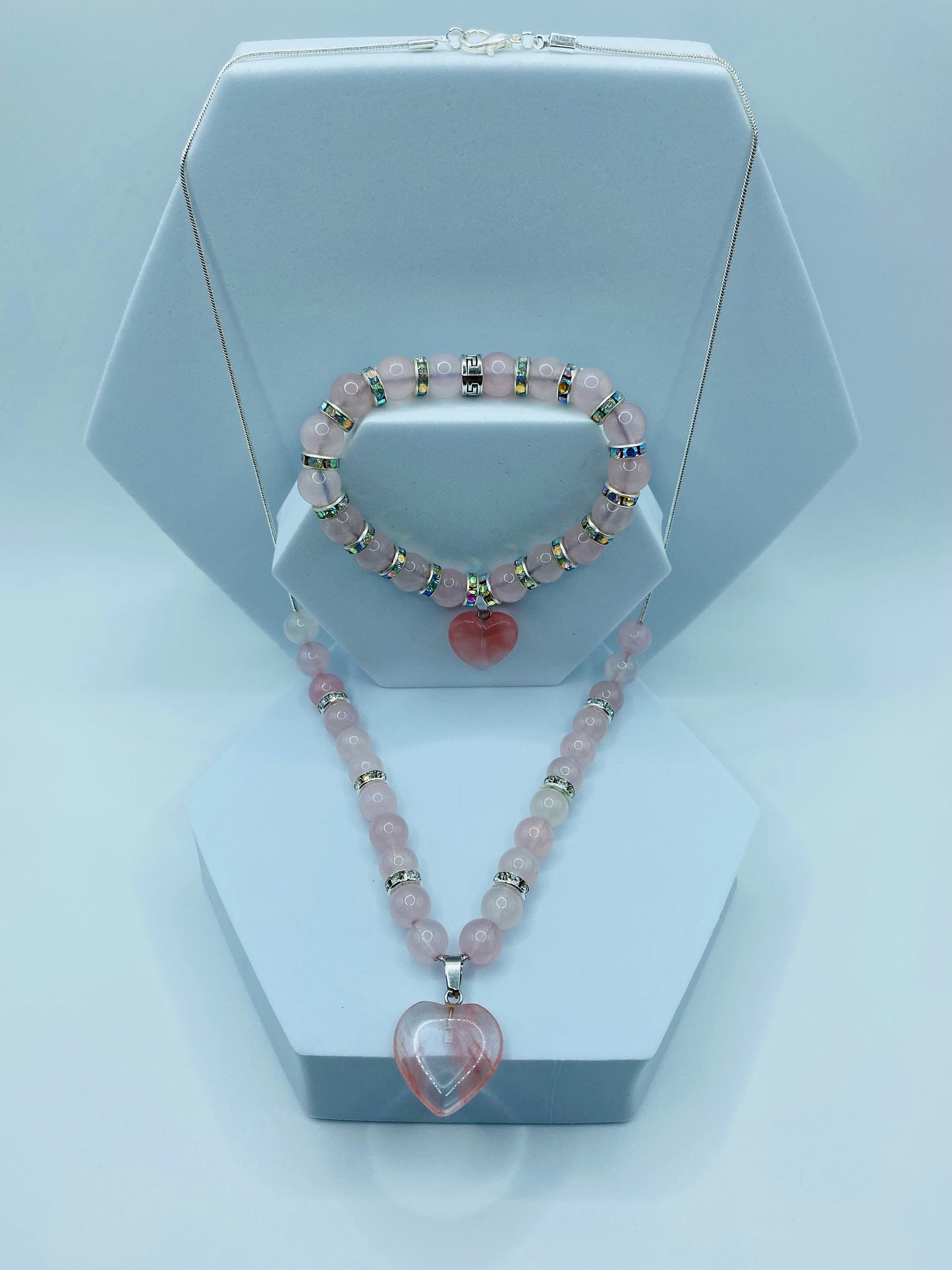 Rose Quartz Necklace Bracelet Set: Pink Aventurine Heart Charm, Rhinestone Rondelles
