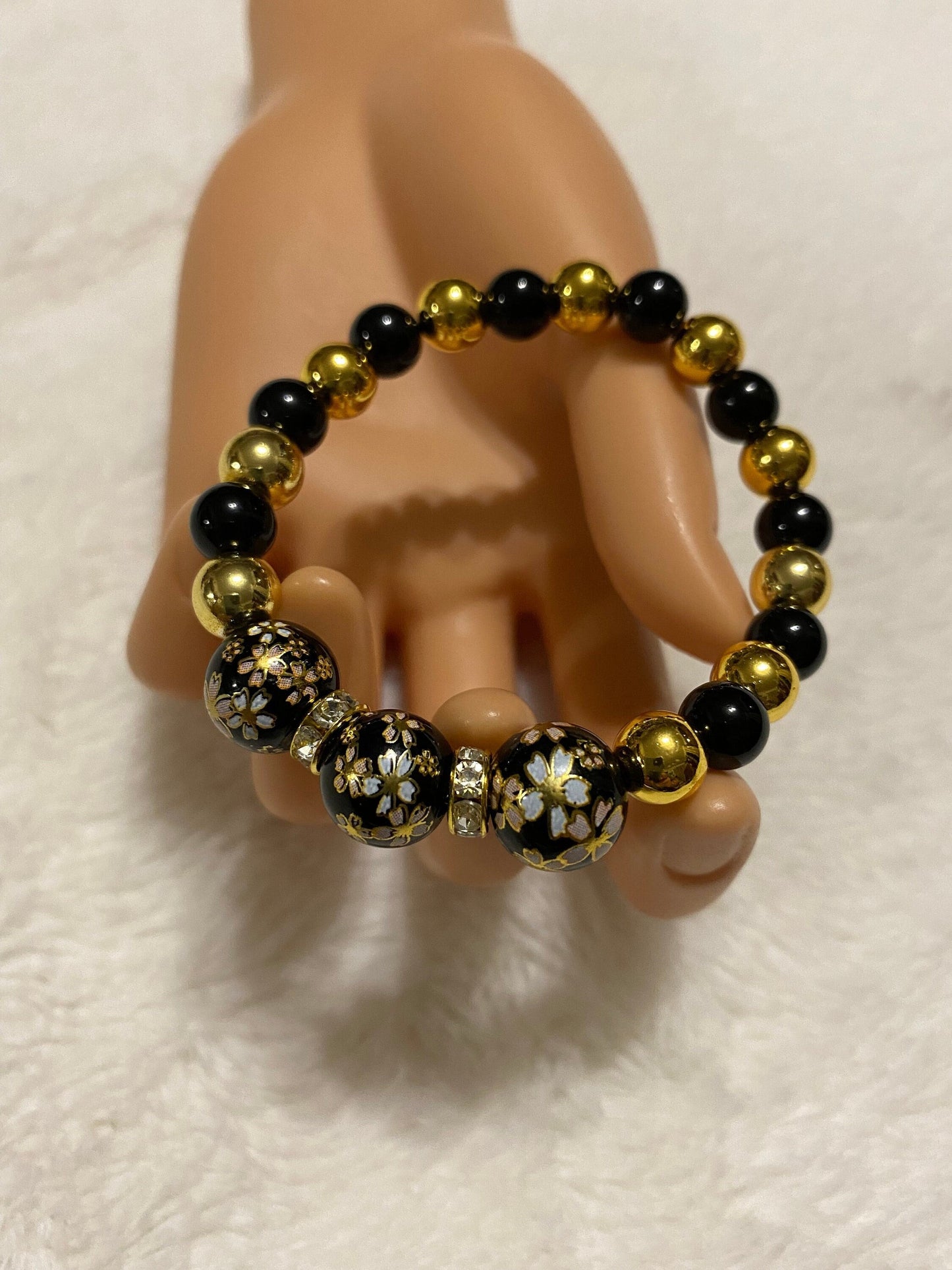 Handmade Floral Painted Glass Bead Bracelet: Onyx & 18k Gold Hematite