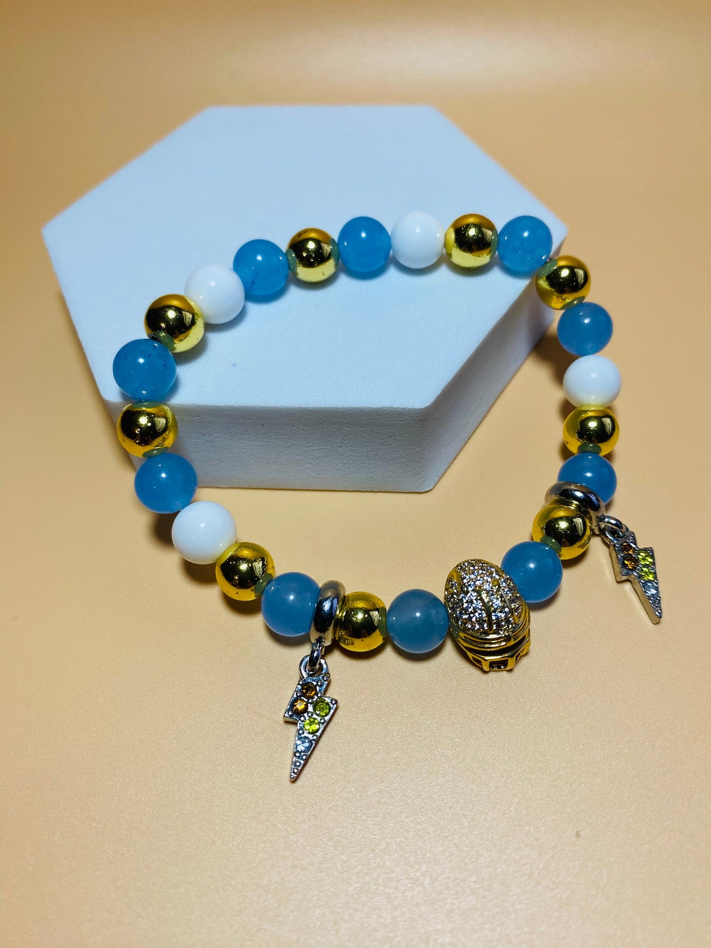 Los Angeles Chargers Mens Bracelet, Lightning Bolt Charms & Golden Football Helmet - Natural Gemstone Beads