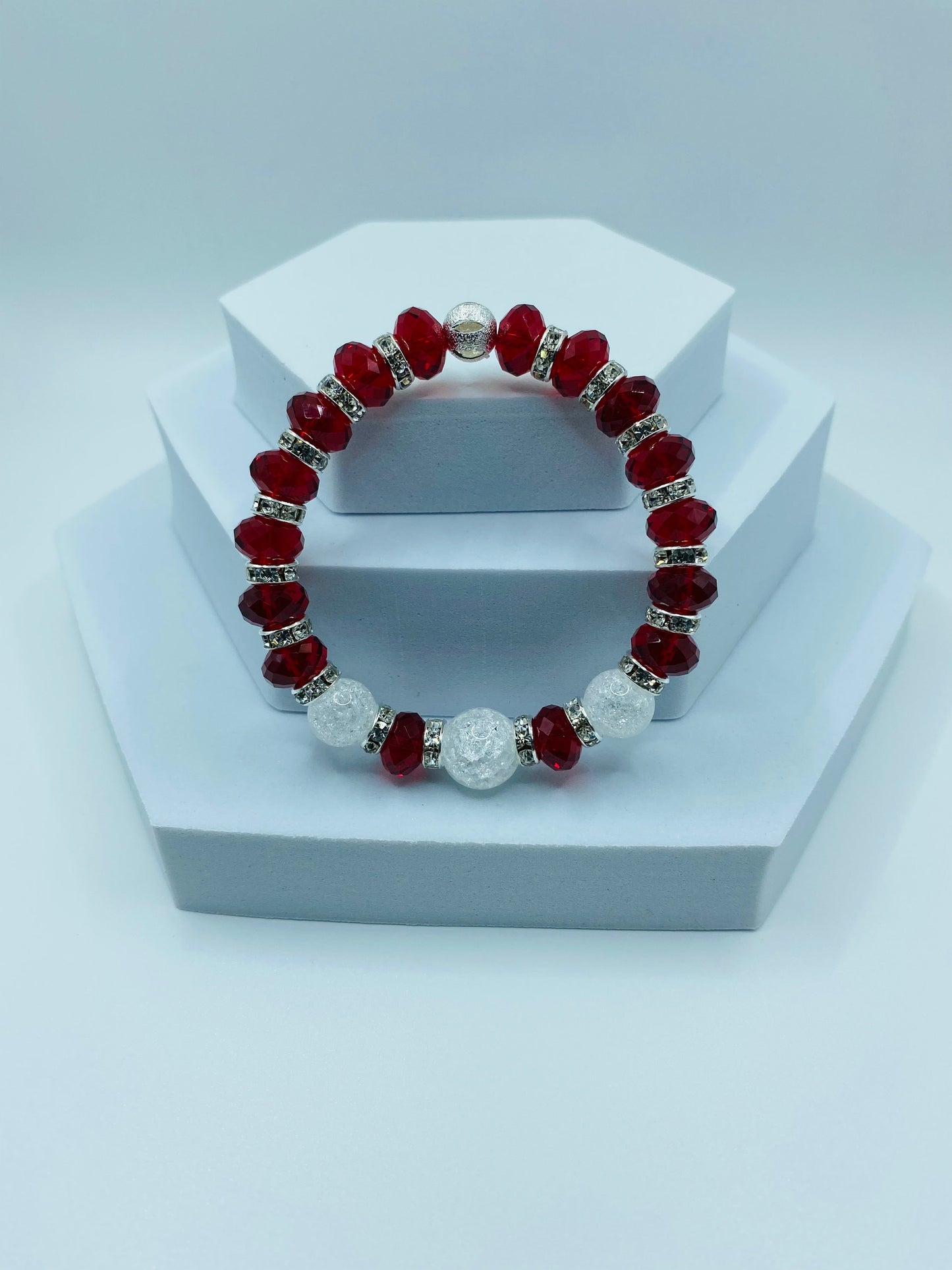 Red Crystal Glass Bracelet: Crackle Quartz Gemstone, Rhinestone Rondelles