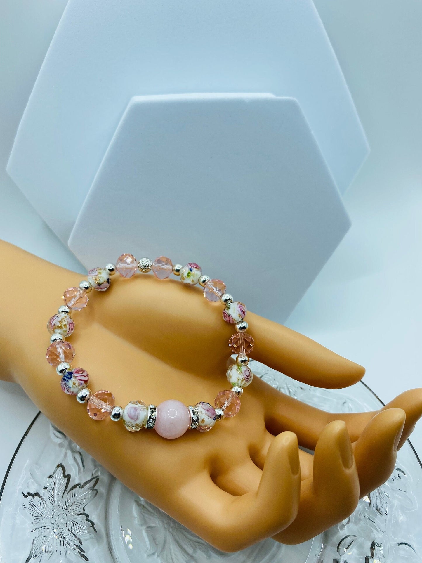 Rose Quartz Bracelet: Lampwork Floral Glass & Pink Crystal Beads