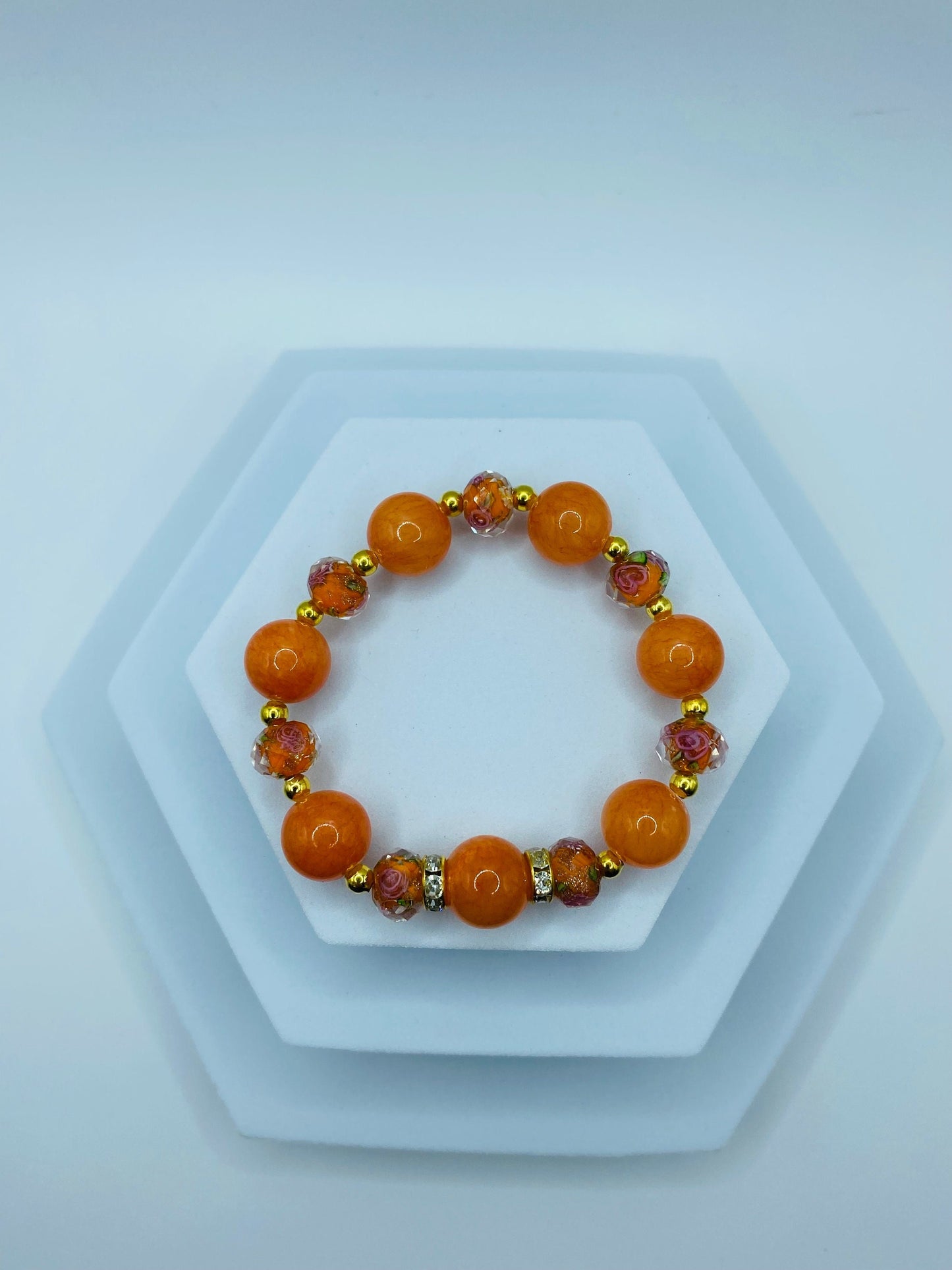 Jade Bracelet Handmade Jewelry for women, orange floral lampwork Glass Beads - Flower Bead Bracelet