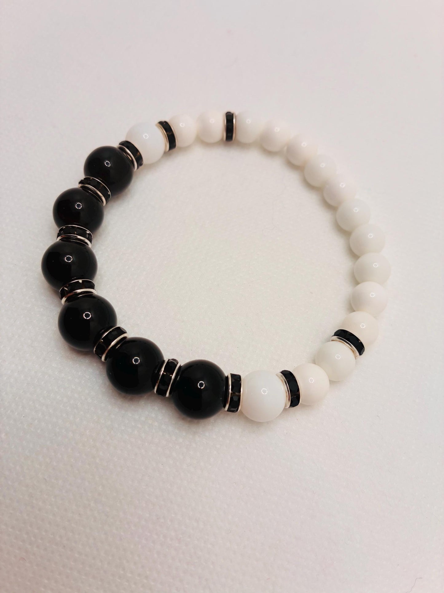 Onyx Gemstone Beaded Bracelet: Black & White Rhinestone Handmade Jewelry
