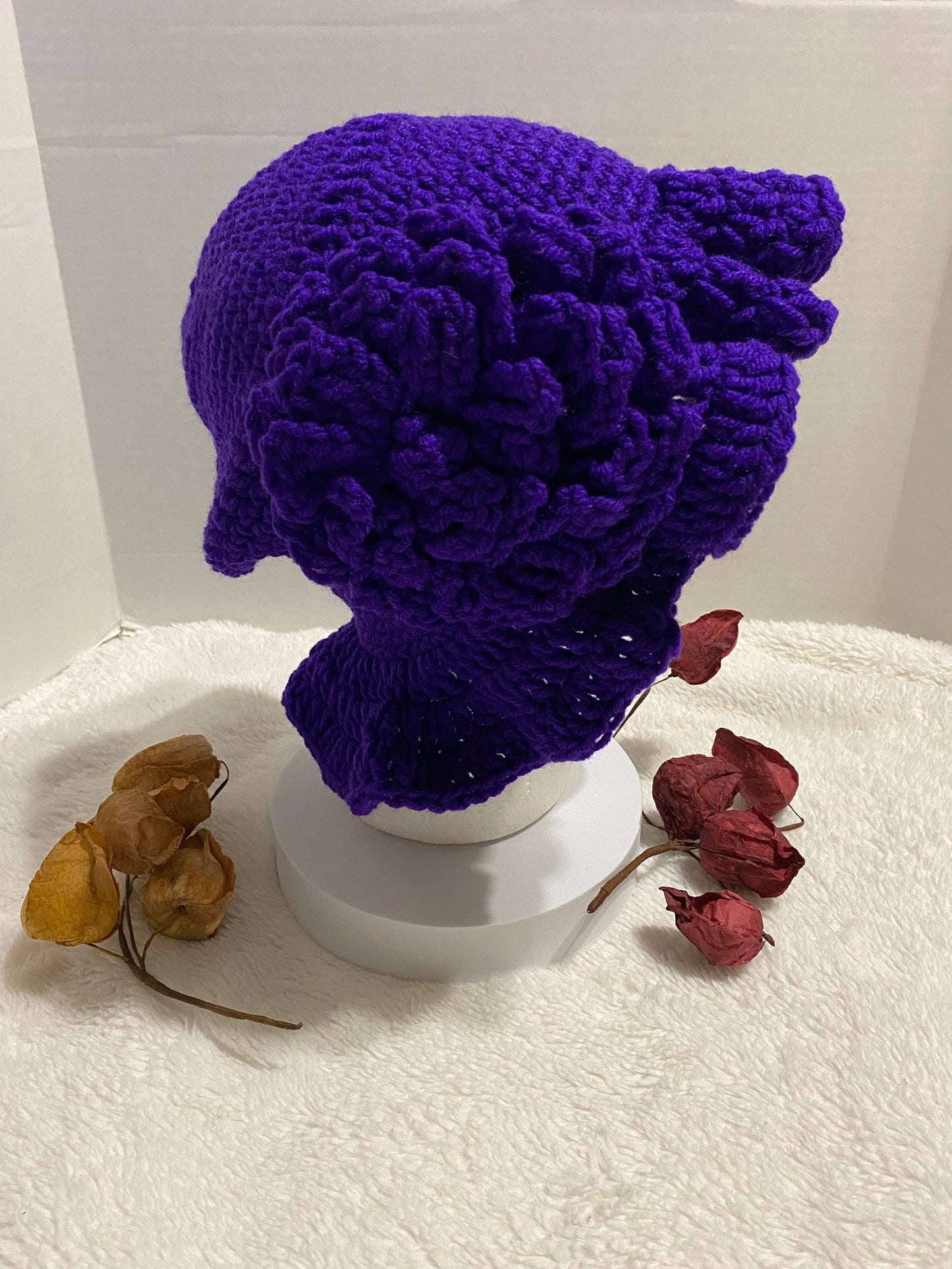 Crochet Bucket Hat with Flower: Violet Acrylic Handmade Women's Hat