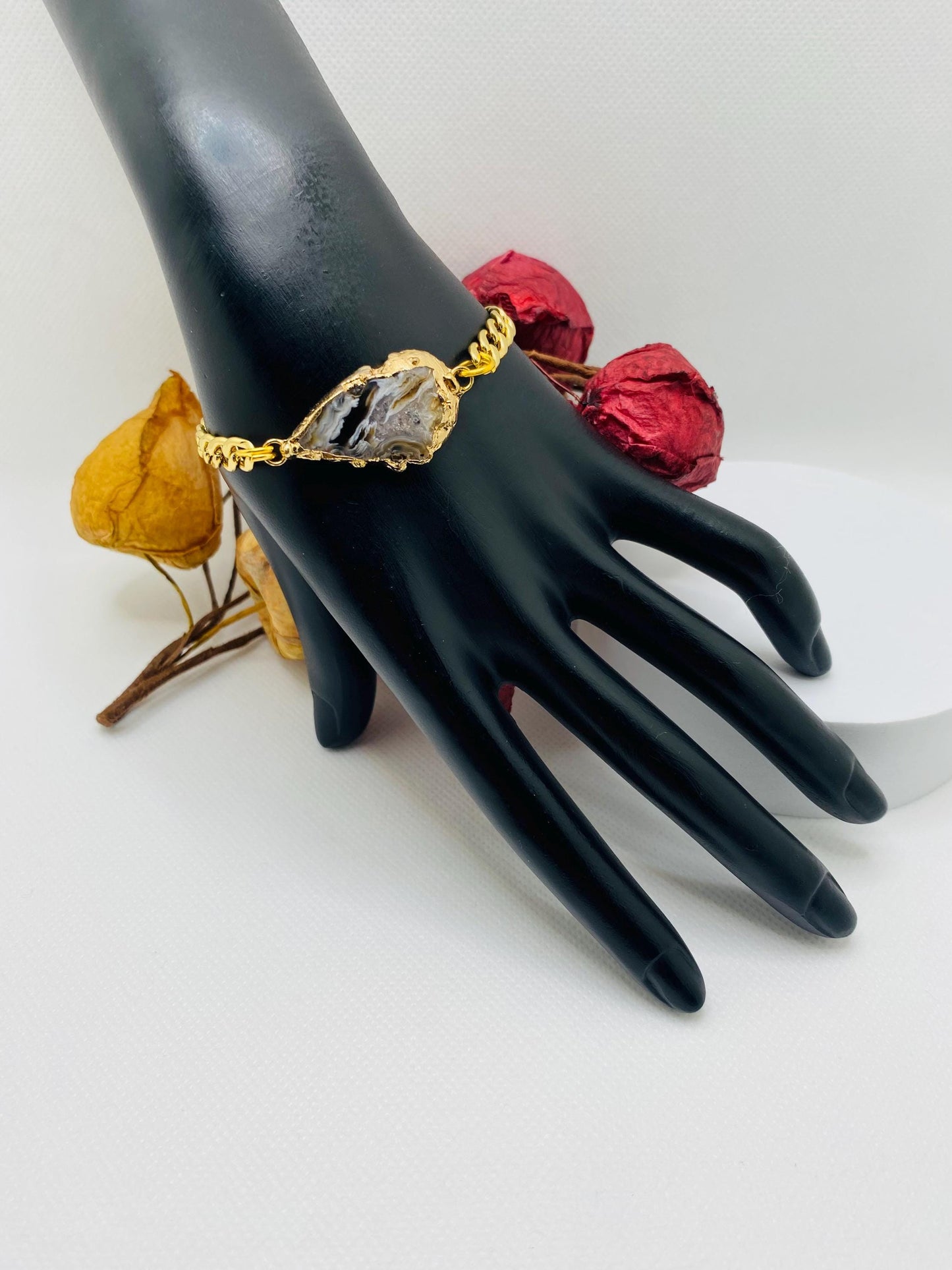 Handmade 18k Gold Plated Cuban Link Bracelet: Geode Agate, Magnetic Clasp