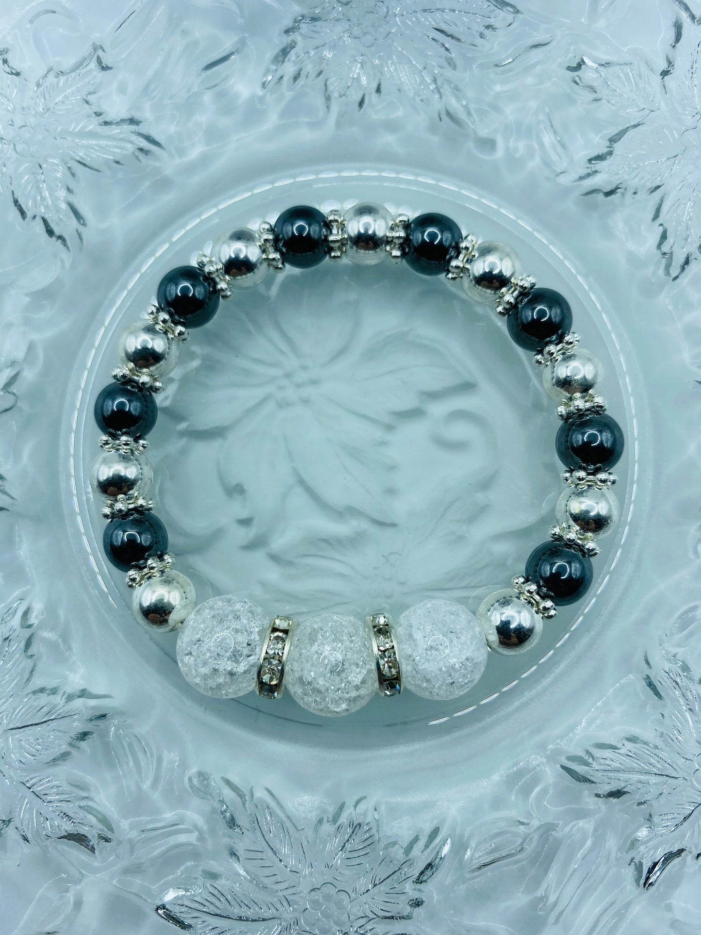 Quartz Crystal Bracelet with Silver & Black Hematite Gemstone Beads - Bracelets for women - Mens Bracelet