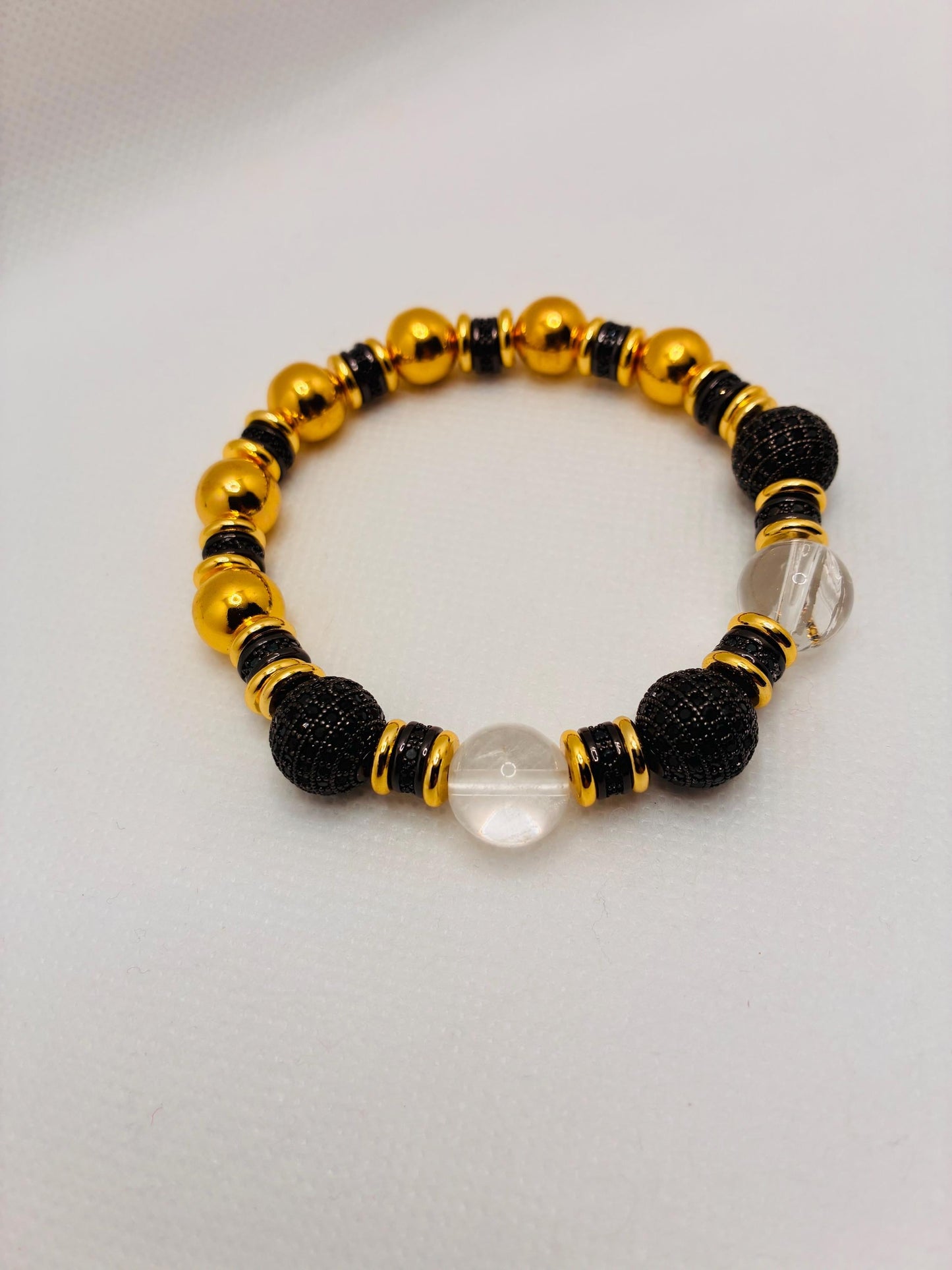 Gold Plated Hematite Bracelet: Clear Quartz & Black Zirconia Beads