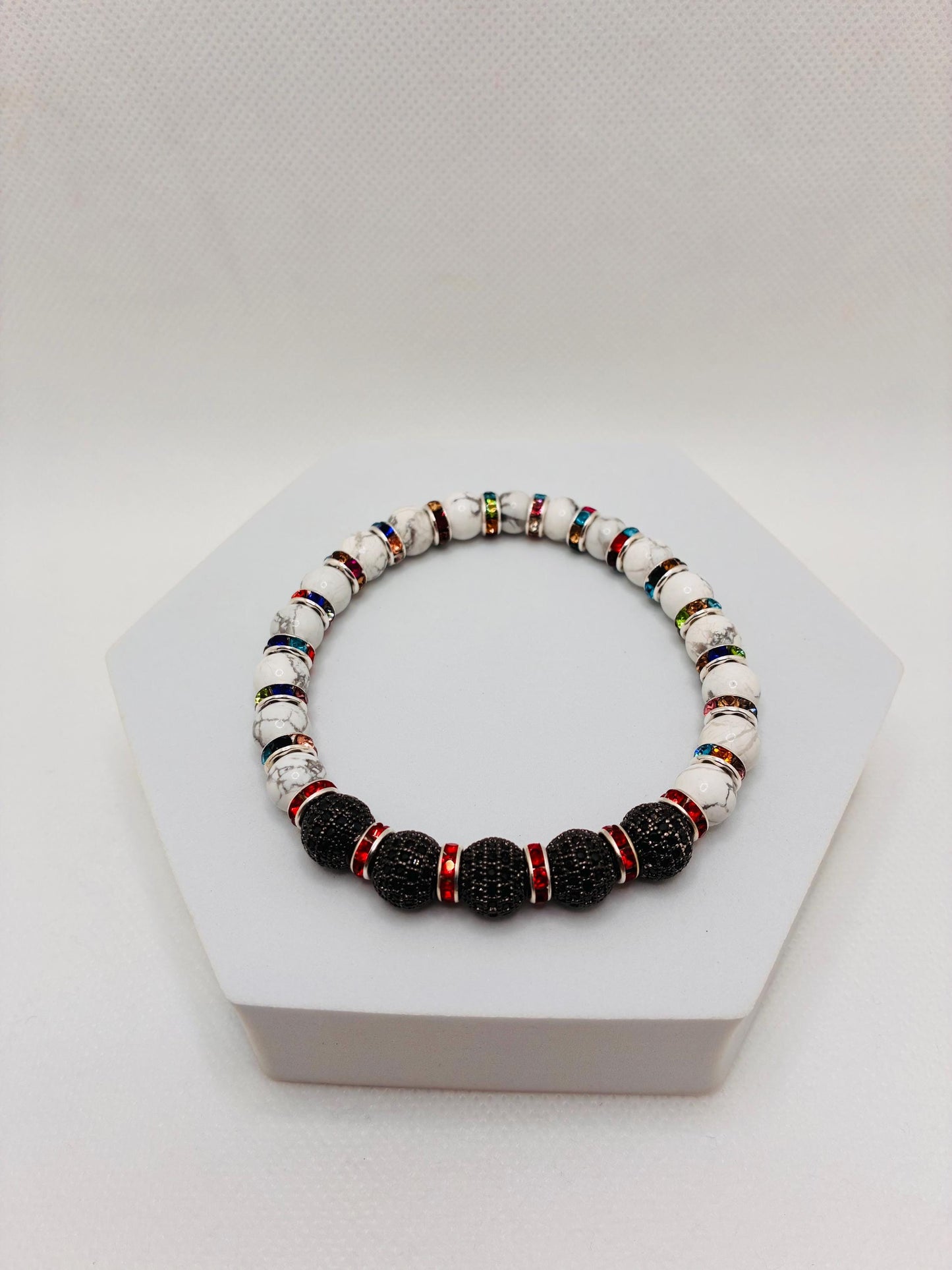 Womens Howlite Bracelet with Zircon Paved Rhinestone Charm Beads, Rainbow Bracelet