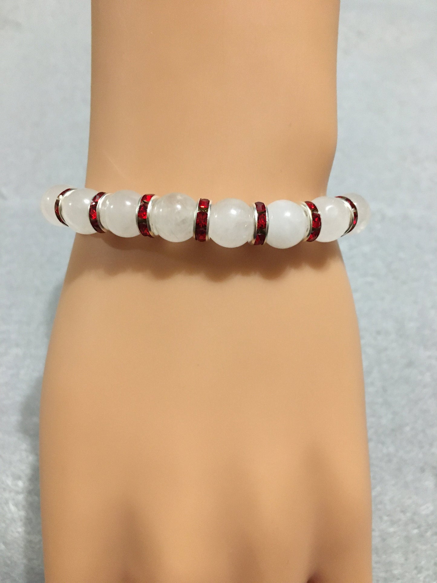 White Jade Bracelet with Red Rhinestone Rondelles