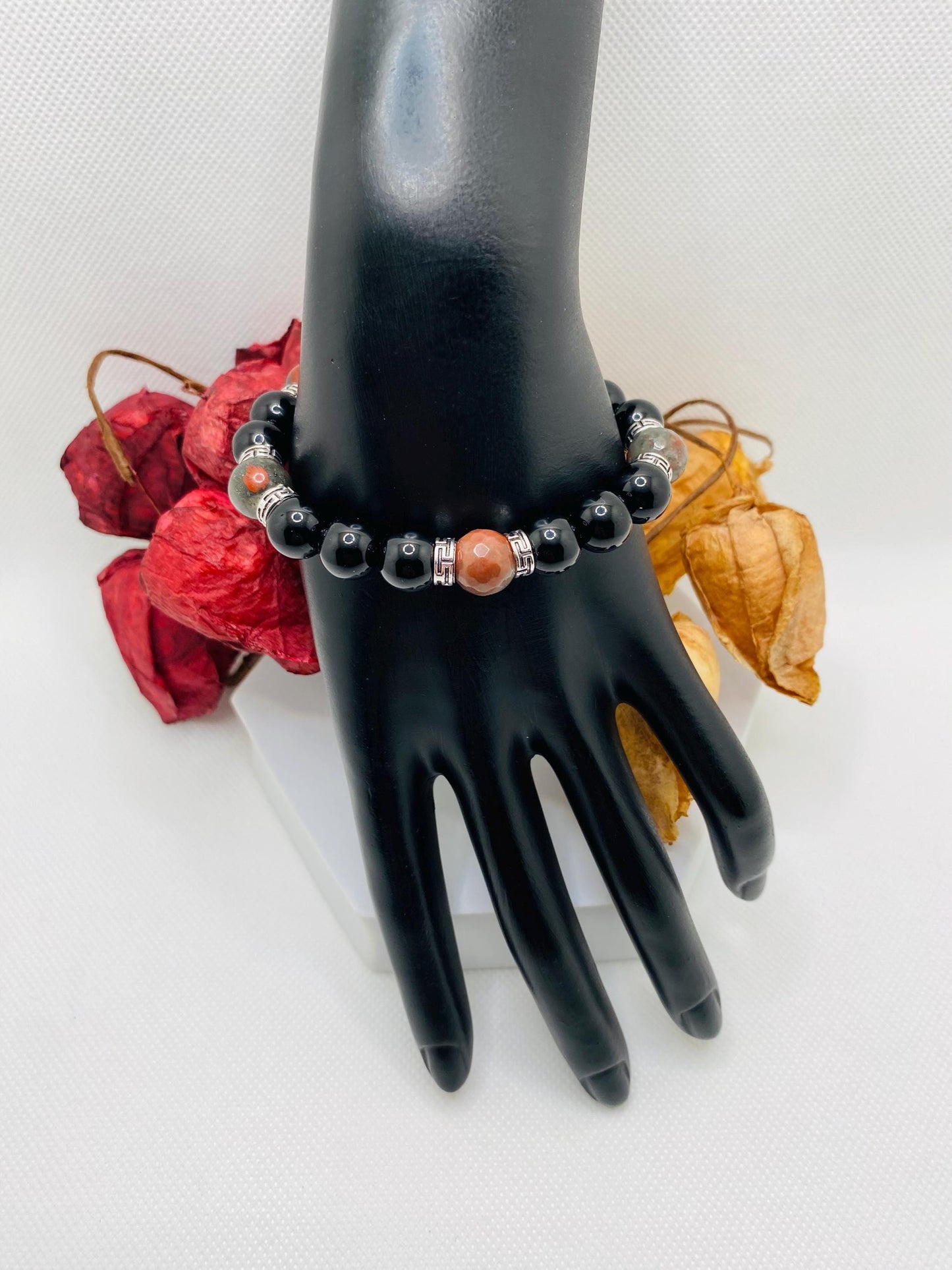 Mens Beaded Bracelet with Onyx & African Jasper Bloodstones, Tibetan Jewelry, Gifts for Men