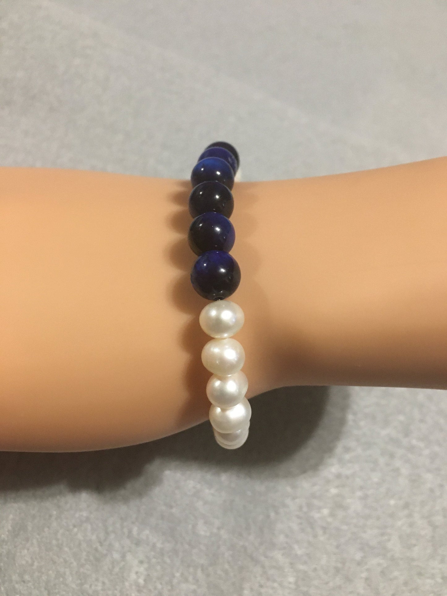 Handmade Pearl Bracelet: Blue Tiger's Eye Gemstone, 18k Gold Accents