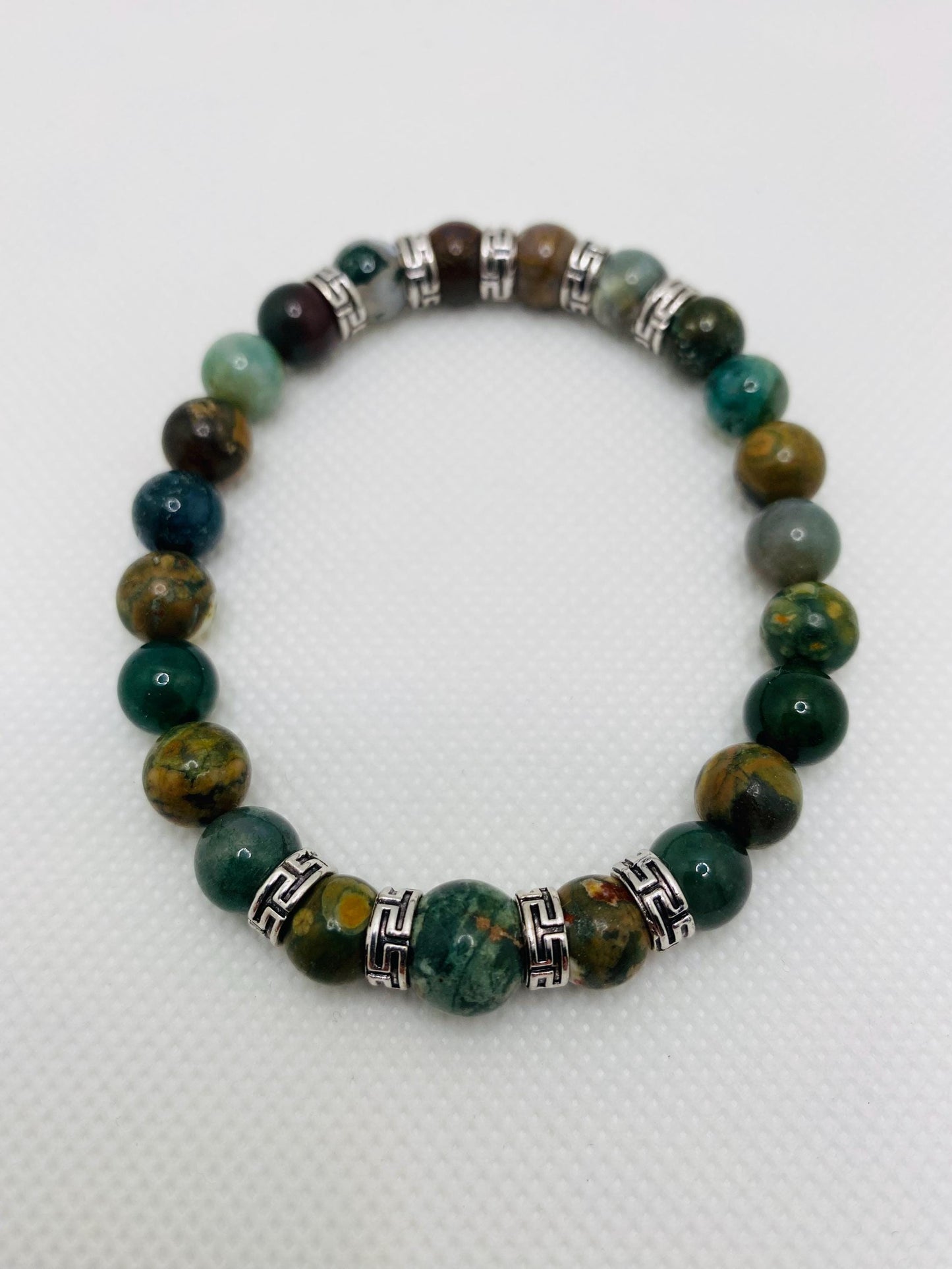Handmade Indian Moss Agate Bracelet: Tibetan Silver Spacers