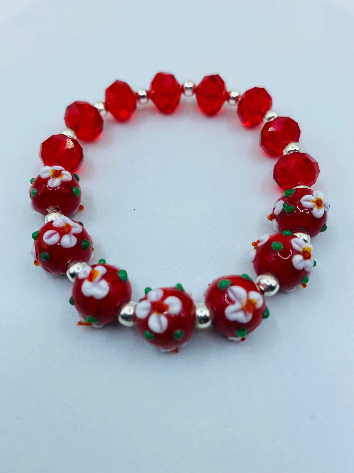 Red Floral Lampwork Glass Bead Bracelet: Red Crystal Handmade Jewelry