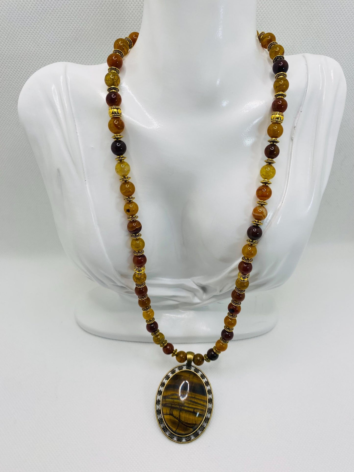 Tigers Eye & Dragon Vein Agate Necklace: Tibetan Style Gemstone Jewelry