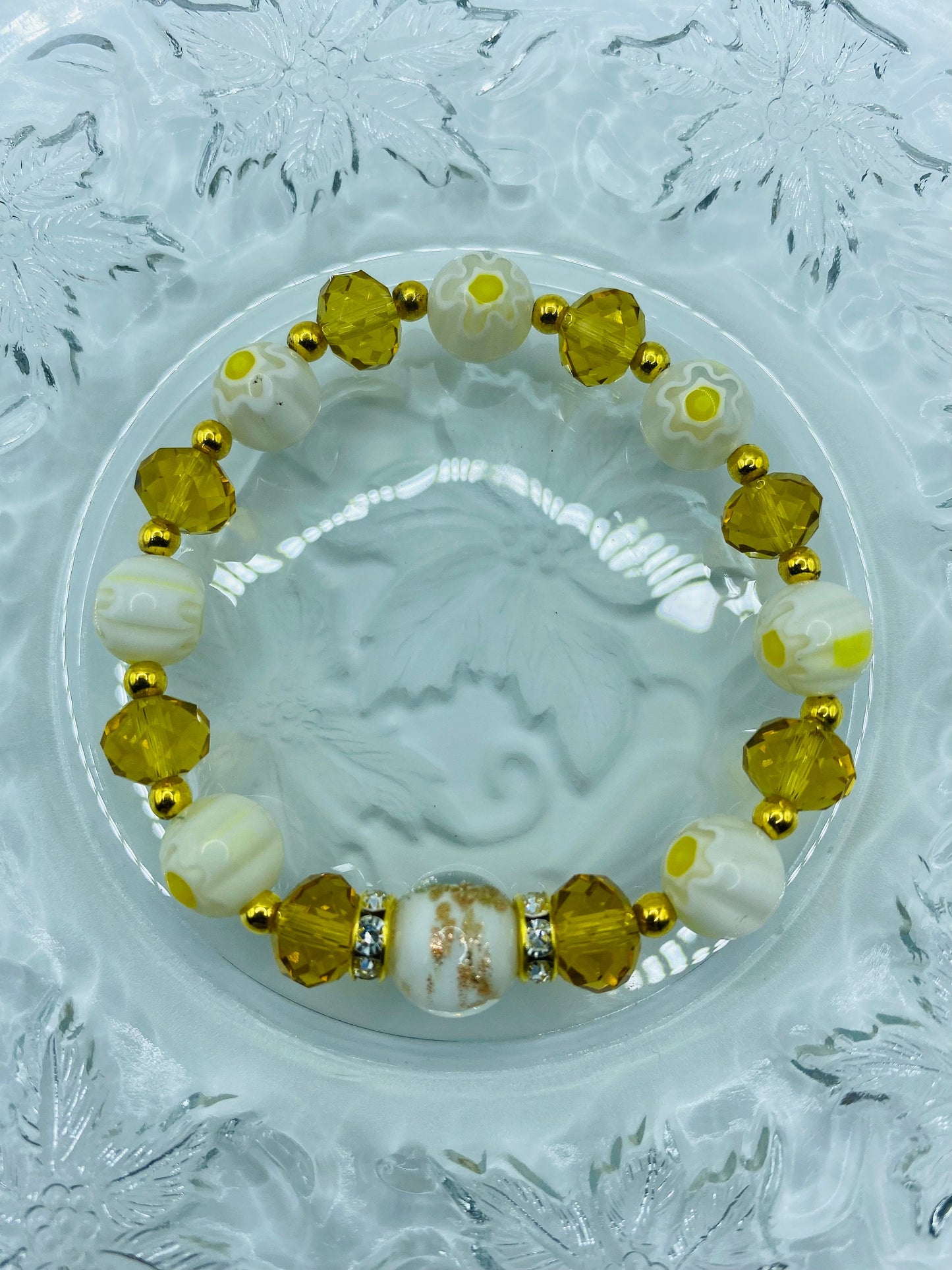 Lampwork Glass Bead Bracelet: Crystal & 18k Gold Hematite