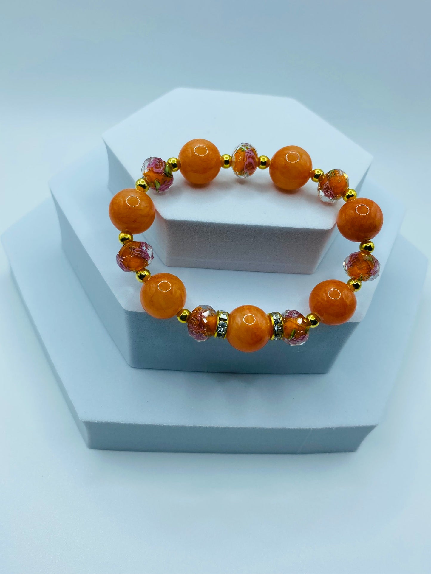 Jade Bracelet Handmade Jewelry for women, orange floral lampwork Glass Beads - Flower Bead Bracelet