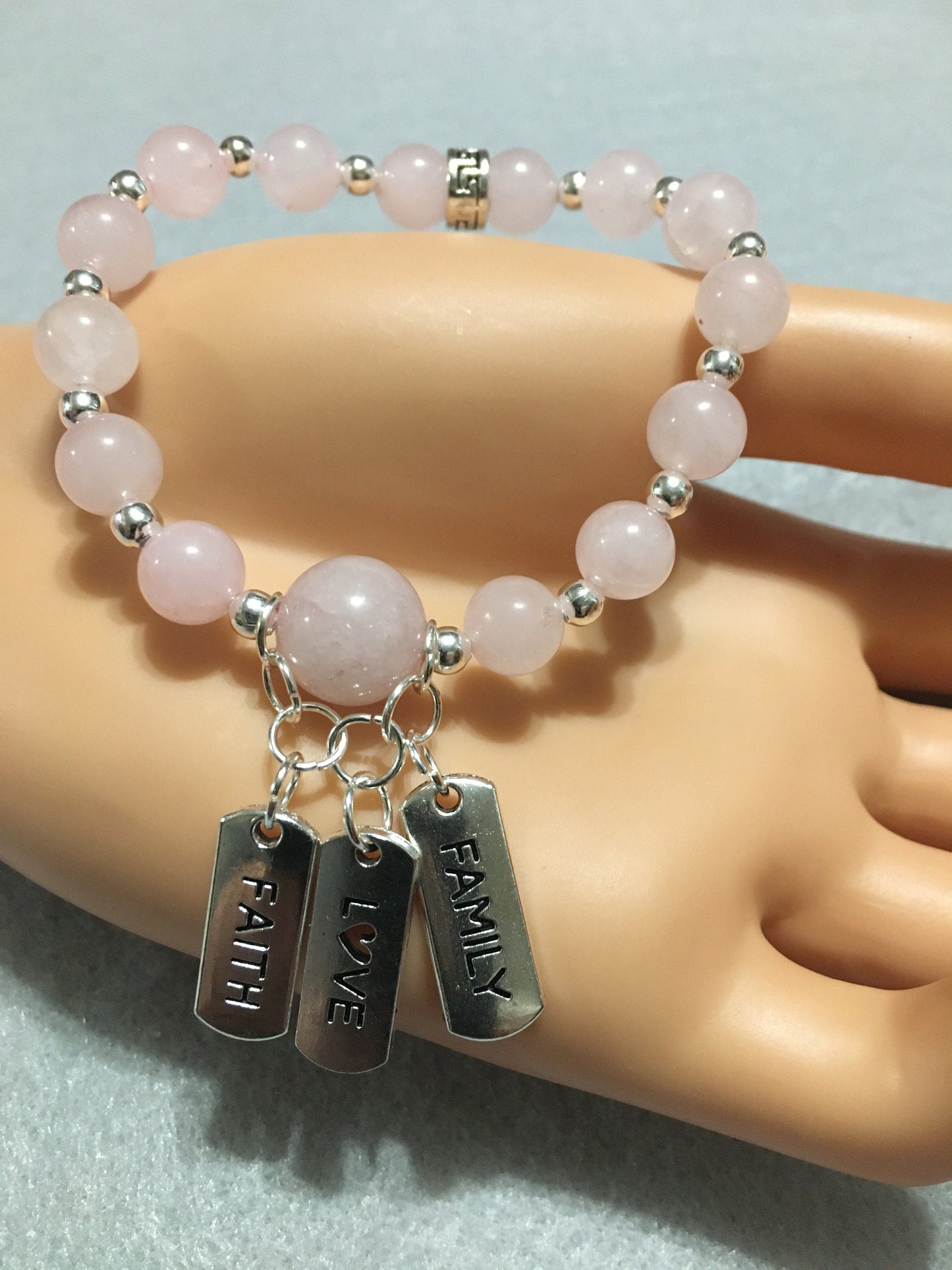 Rose Quartz Charm Bracelet for Women, Inspirational Quotes & Hematite Gemstone Beads - Gifts for Her