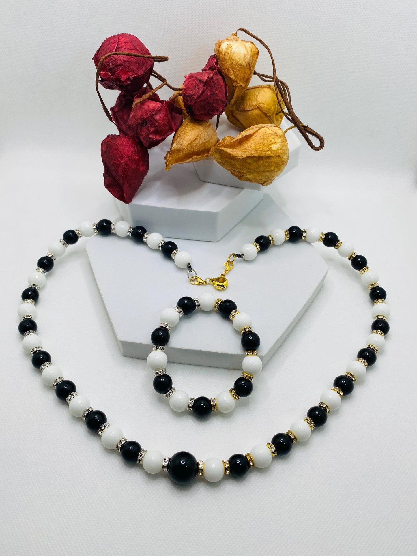 Handmade Onyx Necklace and Bracelet Set: Black and White Gemstone Jewelry